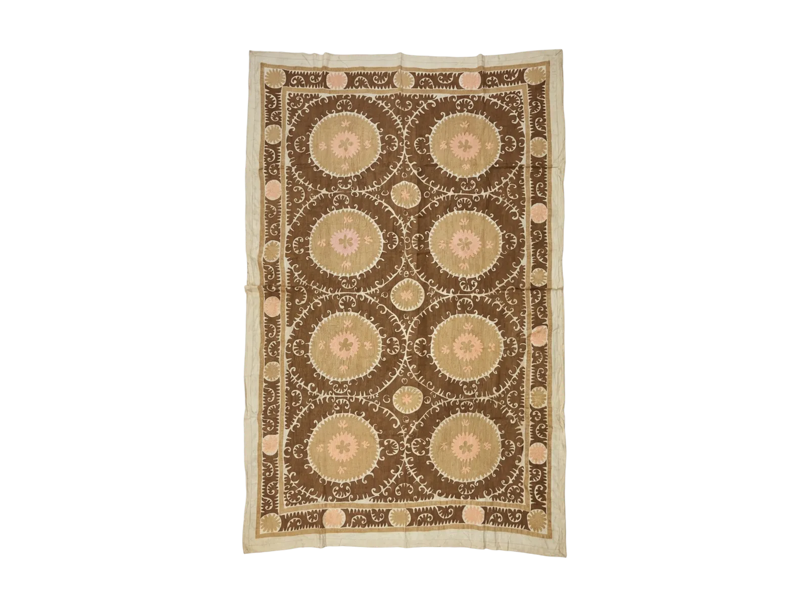 Large Cotton Suzani From Samarkand Uzbekistan, 1930s Suzani Terracotta Wall Hanging Tapestry   Neutral Uzbek Bedspread