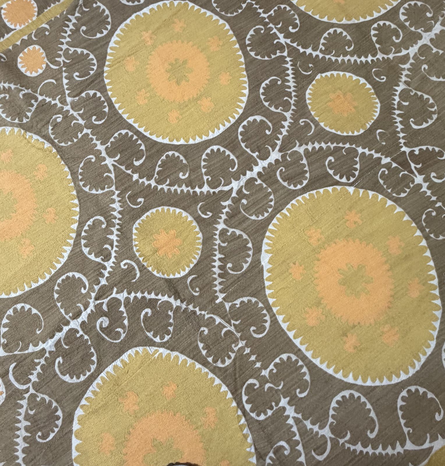 Decorative Suzani Embroidery | Mustard Brown Living Room Wall Hanging 6'11'' X 10'3'' photo for sale