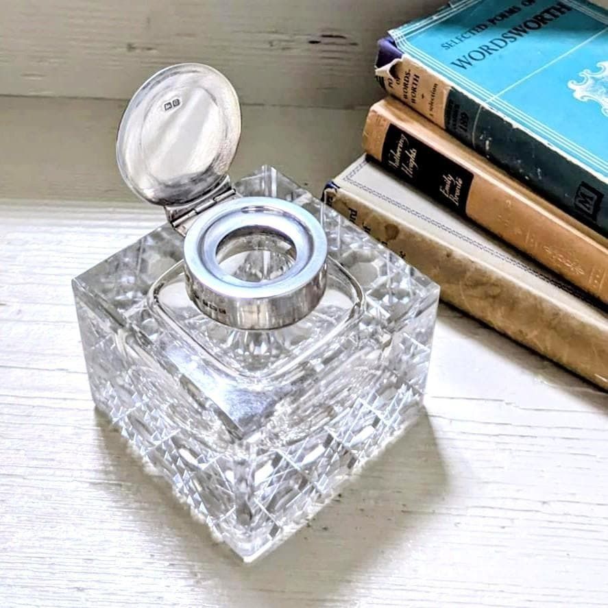 Large Antique Cut Glass Inkwell With Silver Hinged Lid, Hallmarked 1927 photo furniture