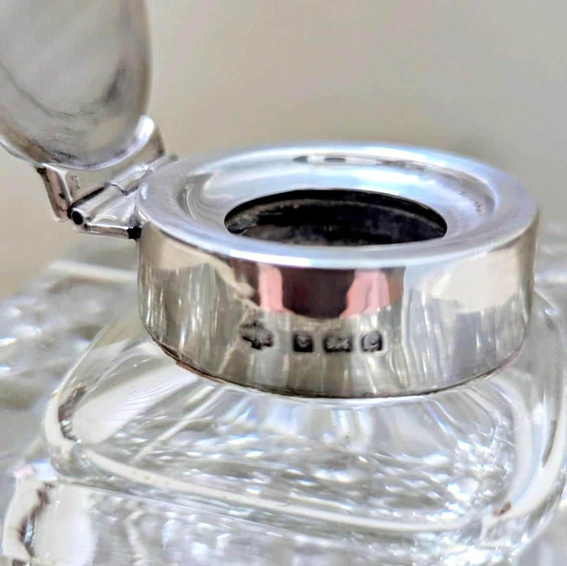 Large Antique Cut Glass Inkwell With Silver Hinged Lid, Hallmarked 1927 photo 145.0