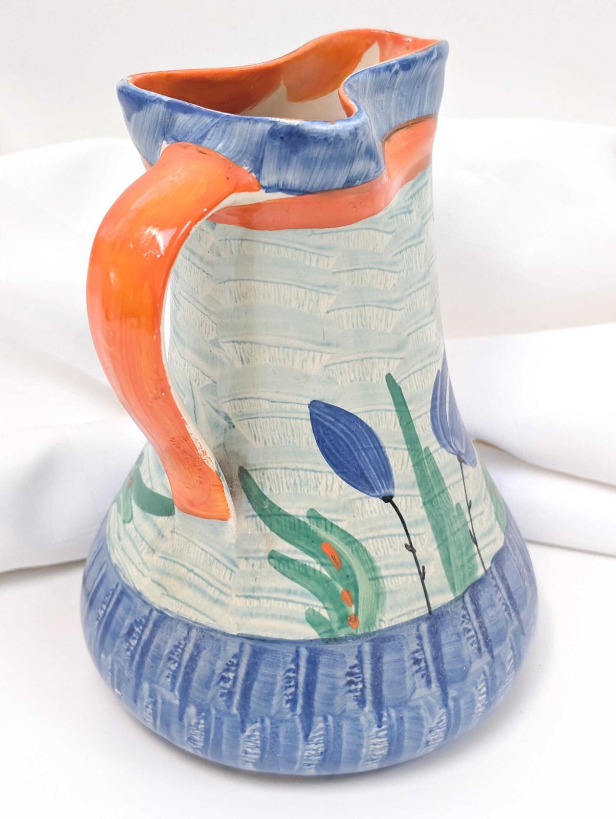 1930’s Hand Painted Pinch Neck Jug, Pitcher Or Vase In Blue Tulip Design, Made By The Myott Pottery Of Stoke On Trent, England. photo for sale