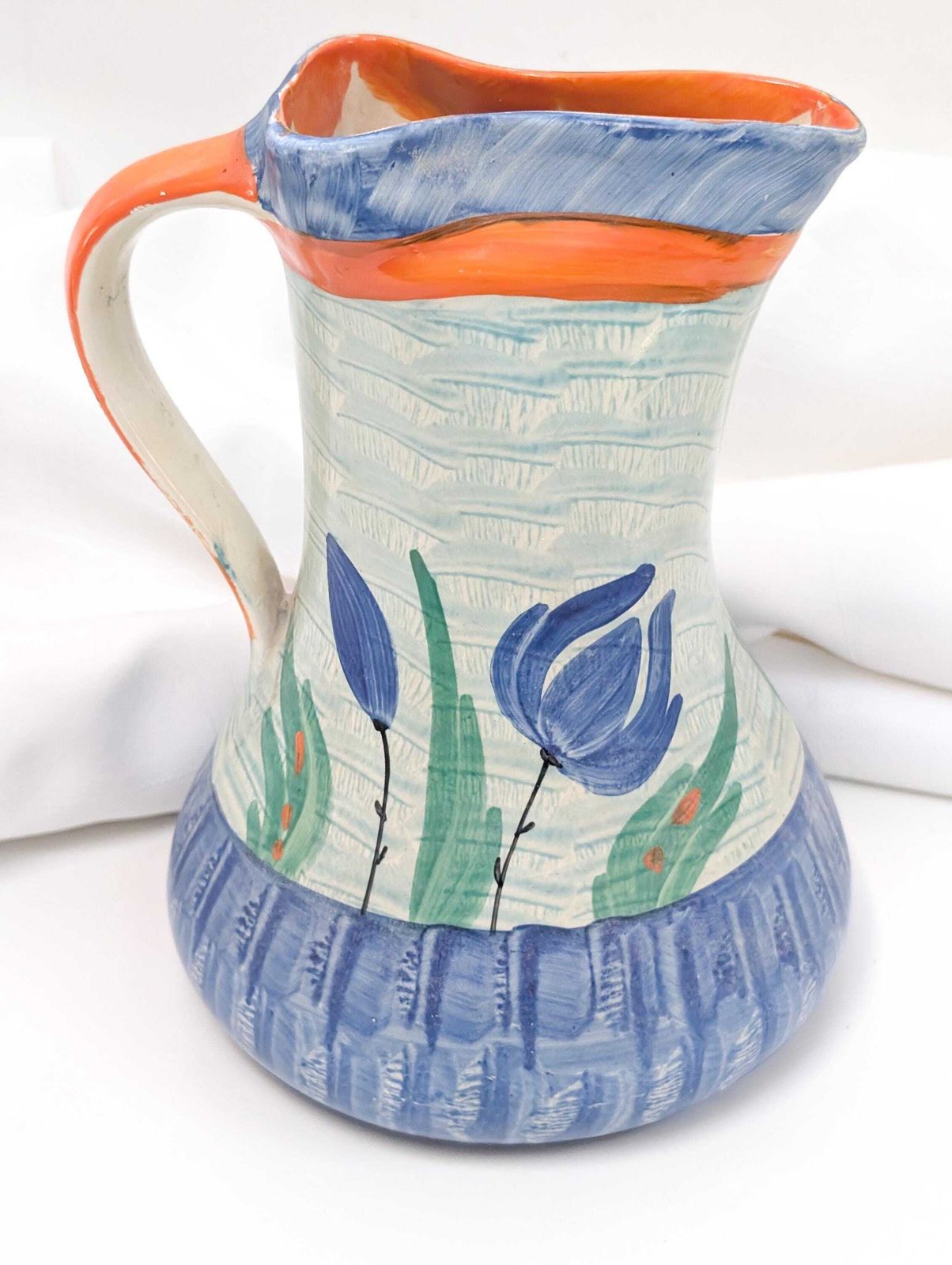 1930’s Hand Painted Pinch Neck Jug, Pitcher Or Vase In Blue Tulip Design, Made By The Myott Pottery Of Stoke On Trent, England. photo Home Decor