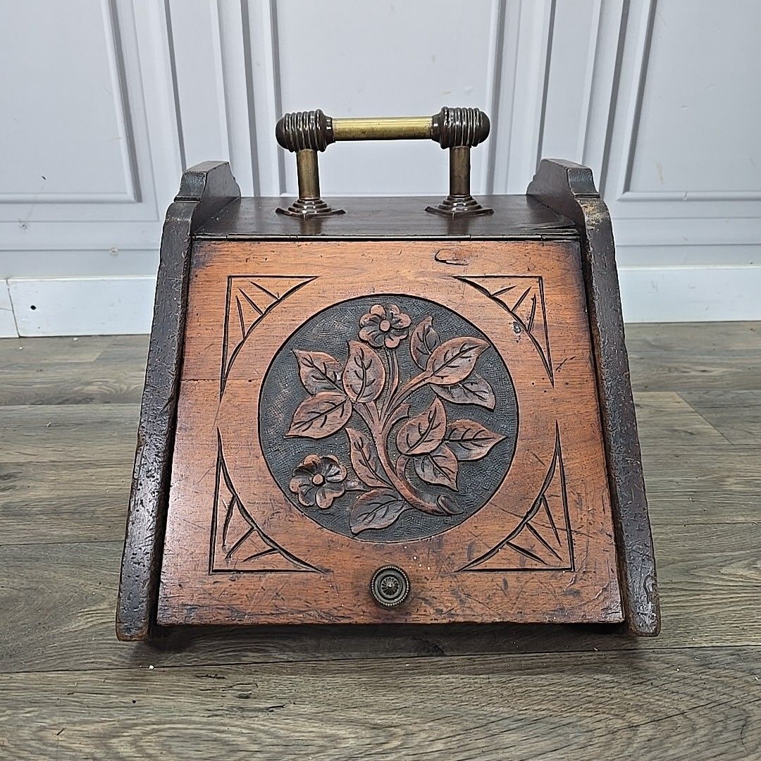 Antique Edwardian Coal Scuttle Box Wooden Fireside Carved Storage Brass Retro photo for sale