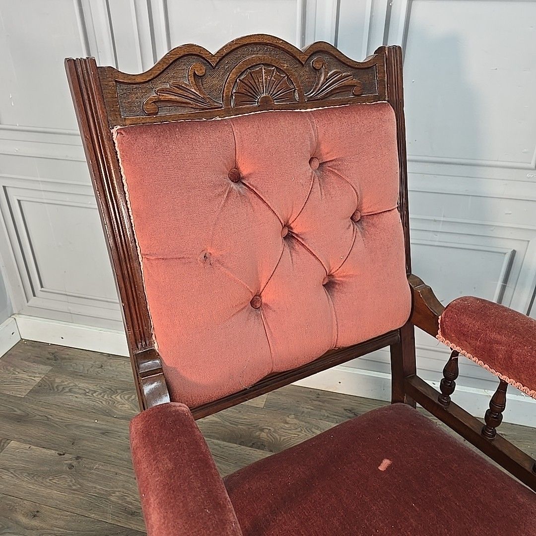 Antique Upholstered Armchair – Carved Mahogany Frame – Velvet Chair Edwardian photo for sale