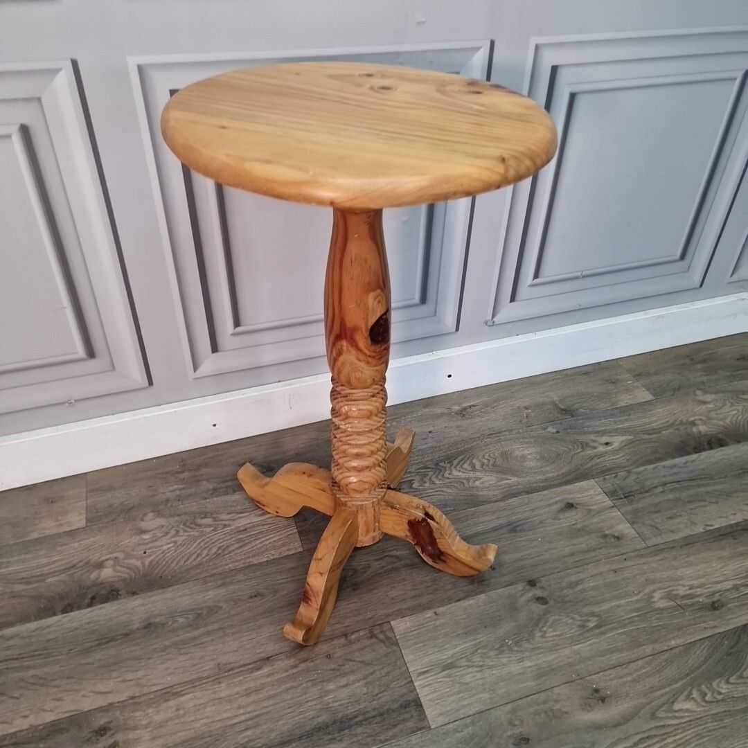Vintage Side Wine Table Solid Wooden Round Rustic Ring Twist Pedestal Occasional