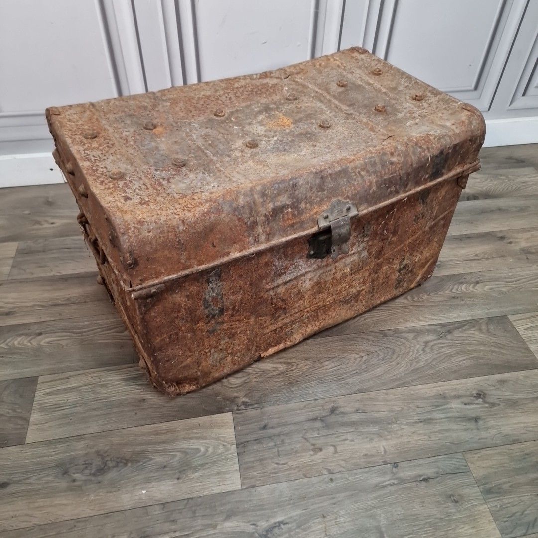 Antique Metal Trunk – Rustic Industrial Chest – Distressed Storage / Planter photo furniture