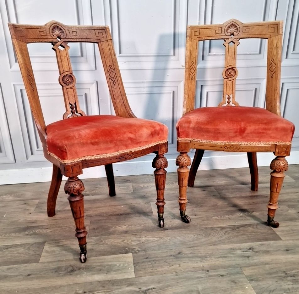 Pair Antique Oak Chairs – Carved Gothic Revival – Solid Wood Velvet Dining Hall photo furniture