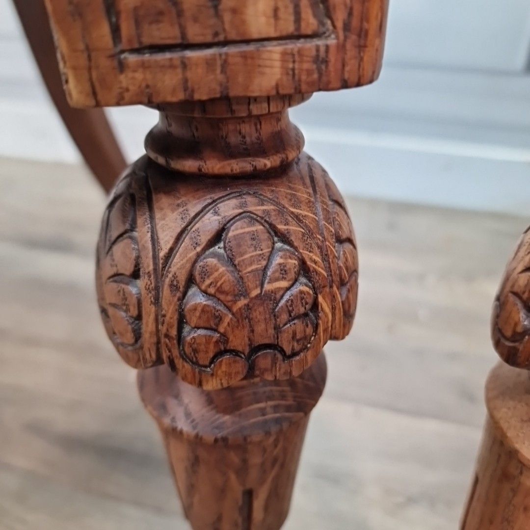 photo for sale Pair Antique Oak Chairs – Carved Gothic Revival – Solid Wood Velvet Dining Hall