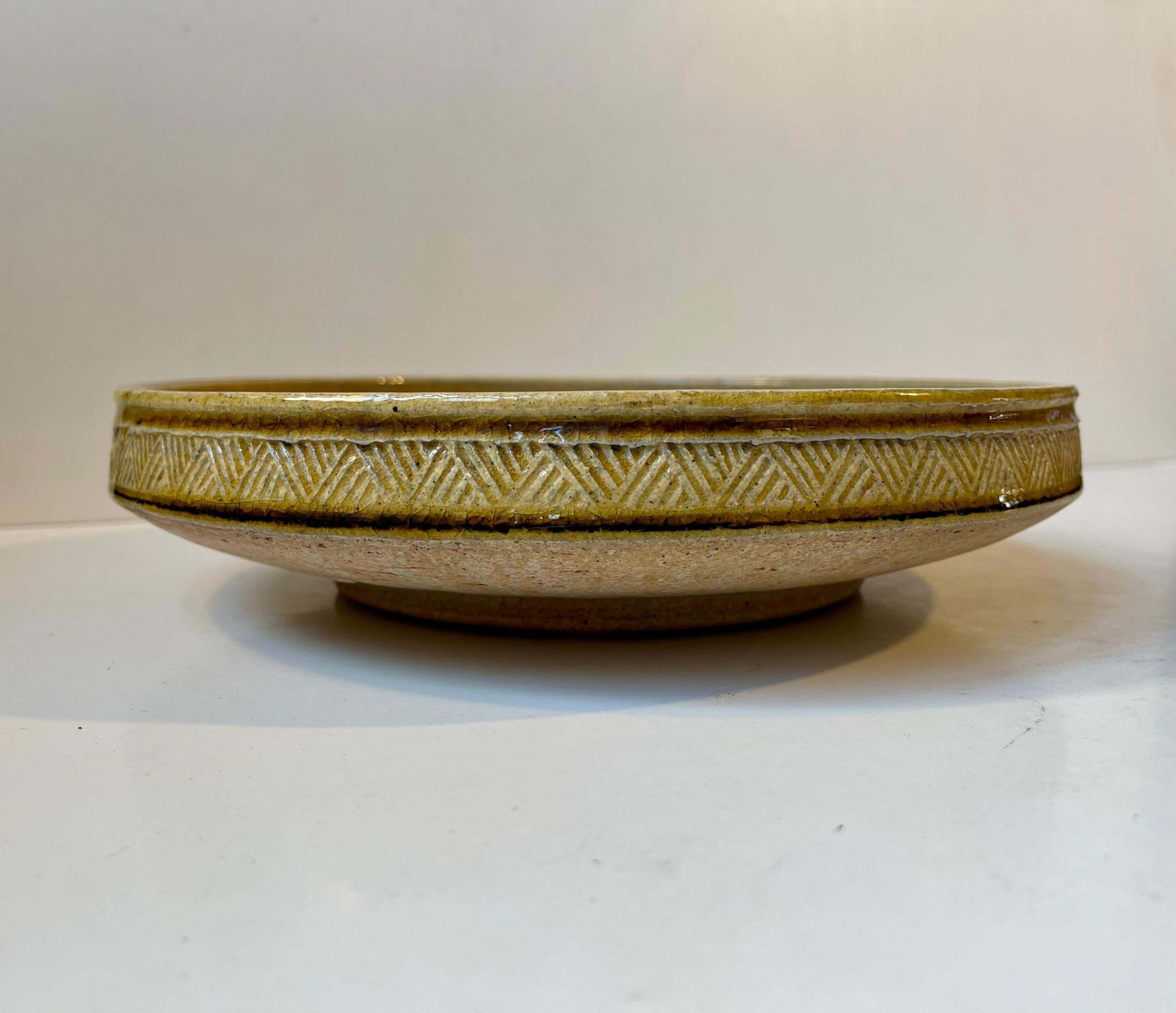Vintage Stoneware Dish In Okra Yellow Glaze By Nils A. Kähler For Hak, 1970s photo for sale