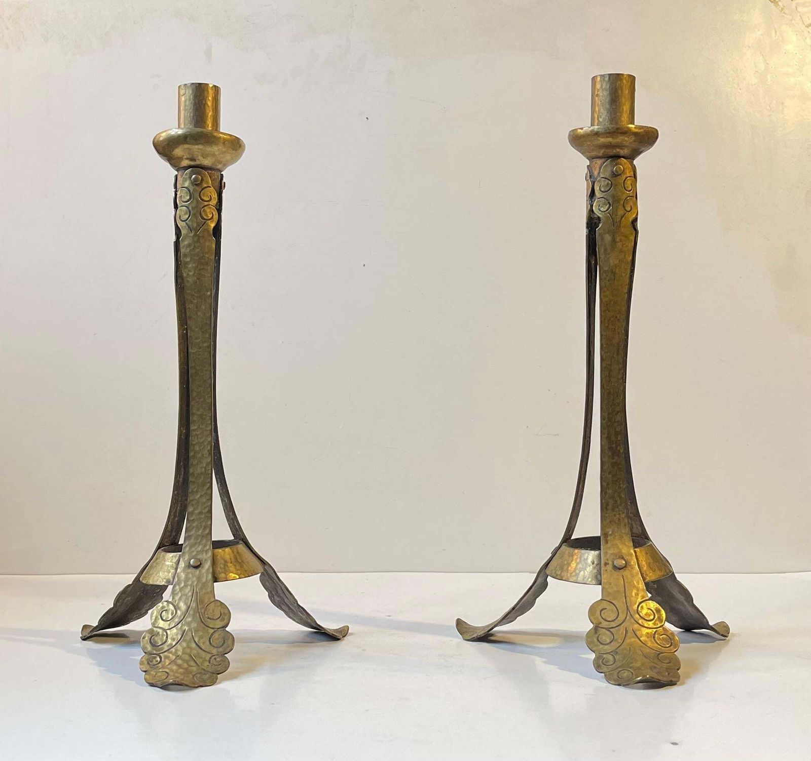 Tall Antique Tri Stand Art Nouveau Candleholders W. Engraved Brass Leaves, 1900s photo furniture