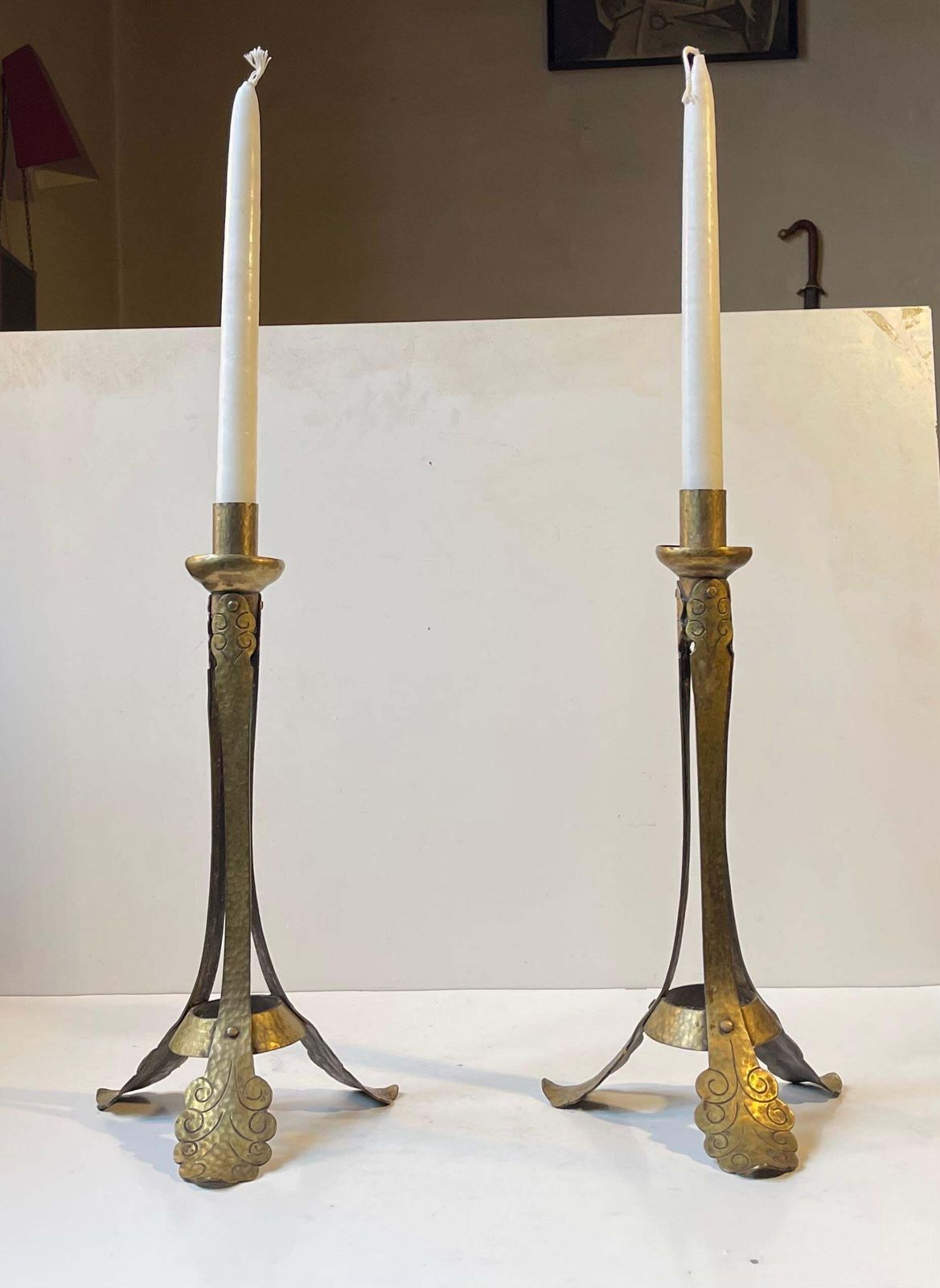 Tall Antique Tri Stand Art Nouveau Candleholders W. Engraved Brass Leaves, 1900s photo for sale