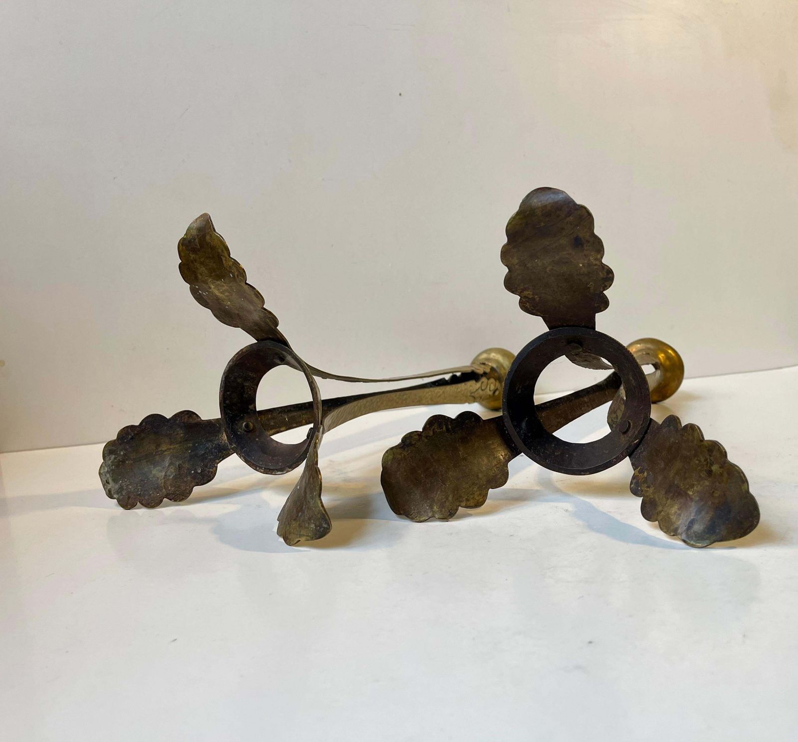 Tall Antique Tri Stand Art Nouveau Candleholders W. Engraved Brass Leaves, 1900s photo 673.0