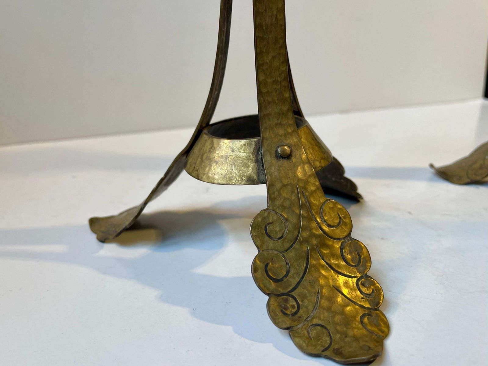 Tall Antique Tri Stand Art Nouveau Candleholders W. Engraved Brass Leaves, 1900s photo buy