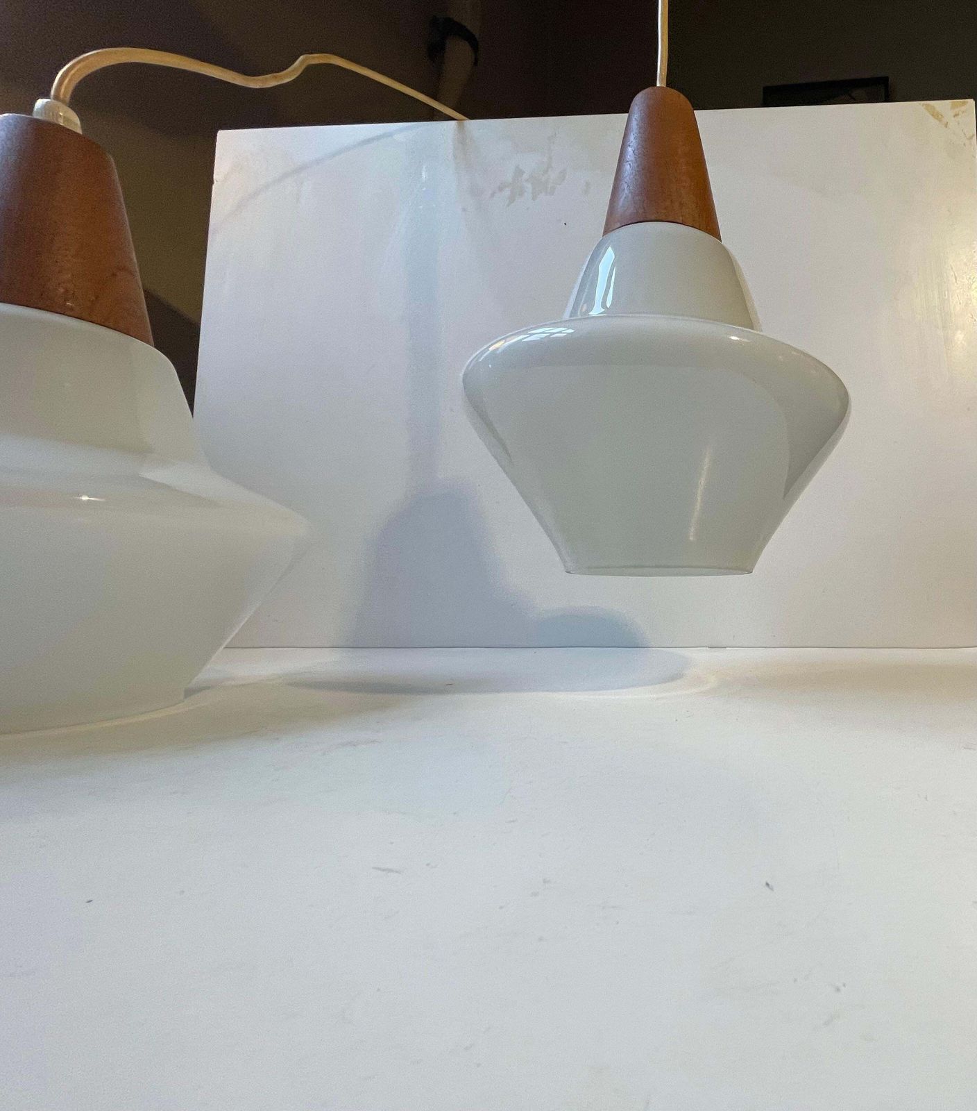 Danish Modern White Opaline Glass & Teak Pendant Lamps By Holmegaard, 1960s photo Lighting