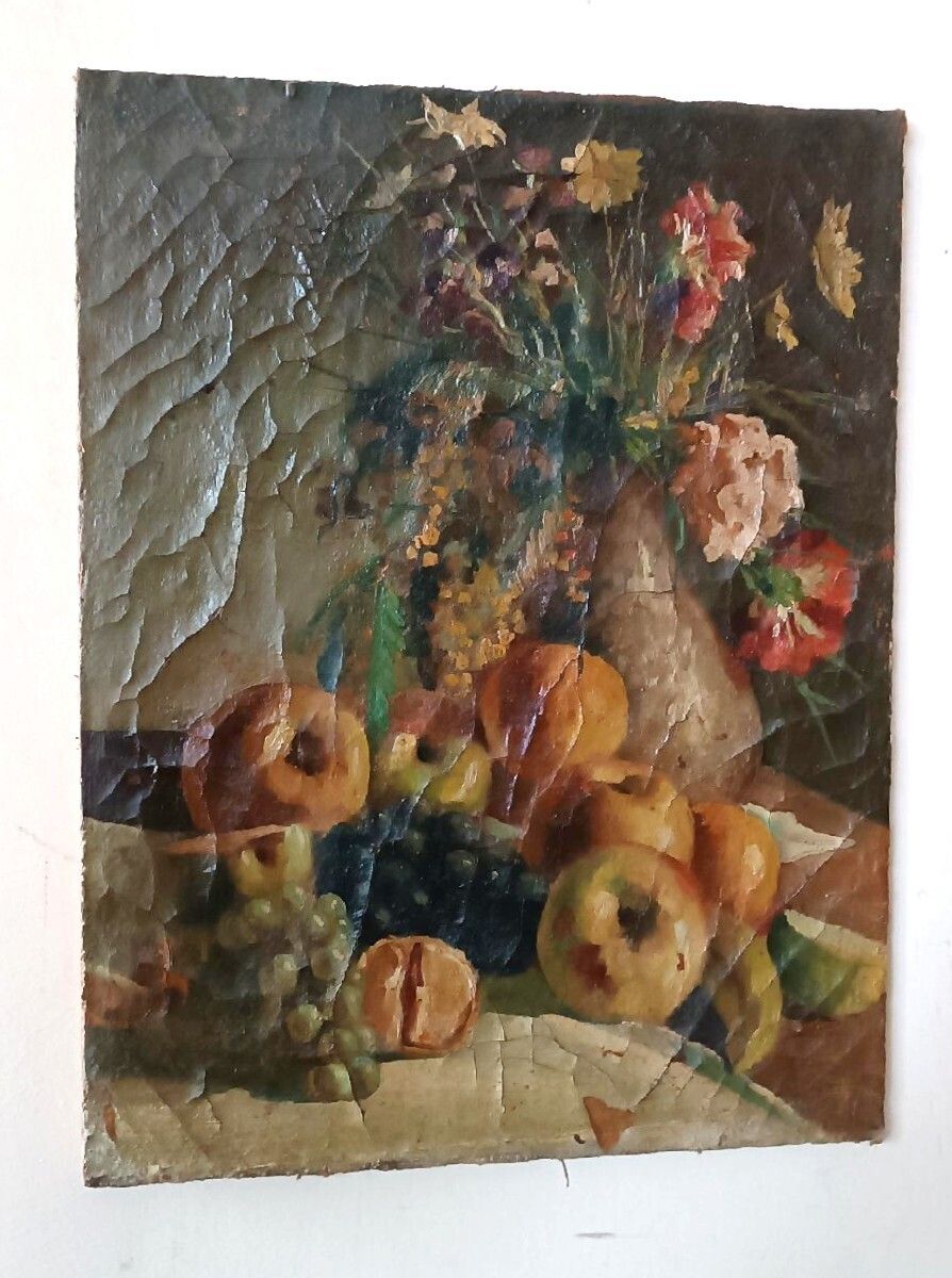 19th Century Oil Painting On Canvas Depicting A Vase Of Fruit With Flowers photo furniture