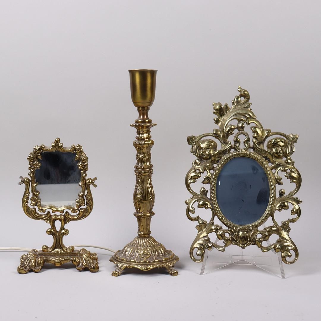 Home Decor Rococo Style Gilt Metal Table Mirrors And Candlestick And Picture Frame Set Of 3 photo