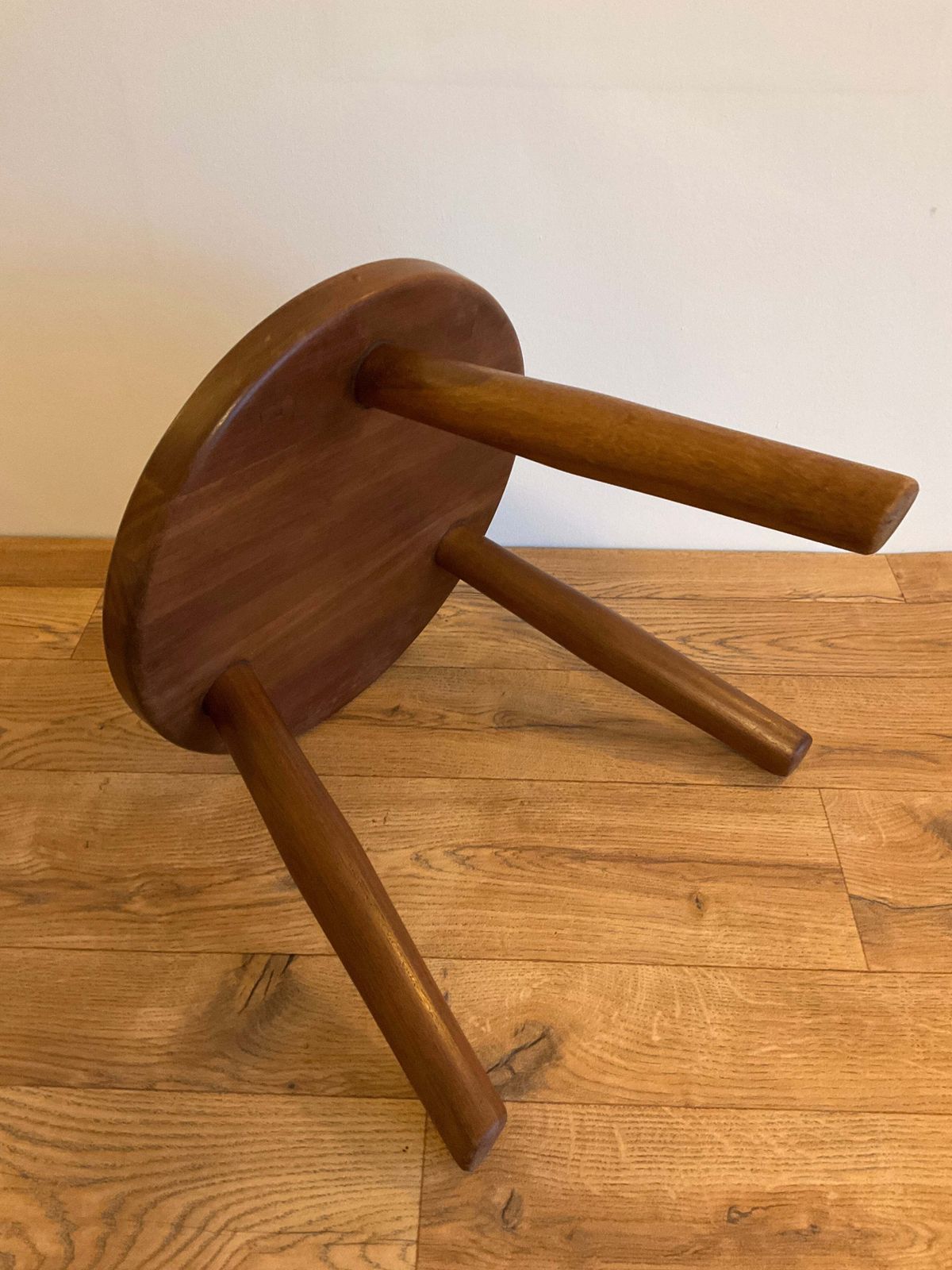 photo for sale Vintage Mid Century Solid Wood Three Legged Stool / Plant Stand – 36cm Wide X 33cm High