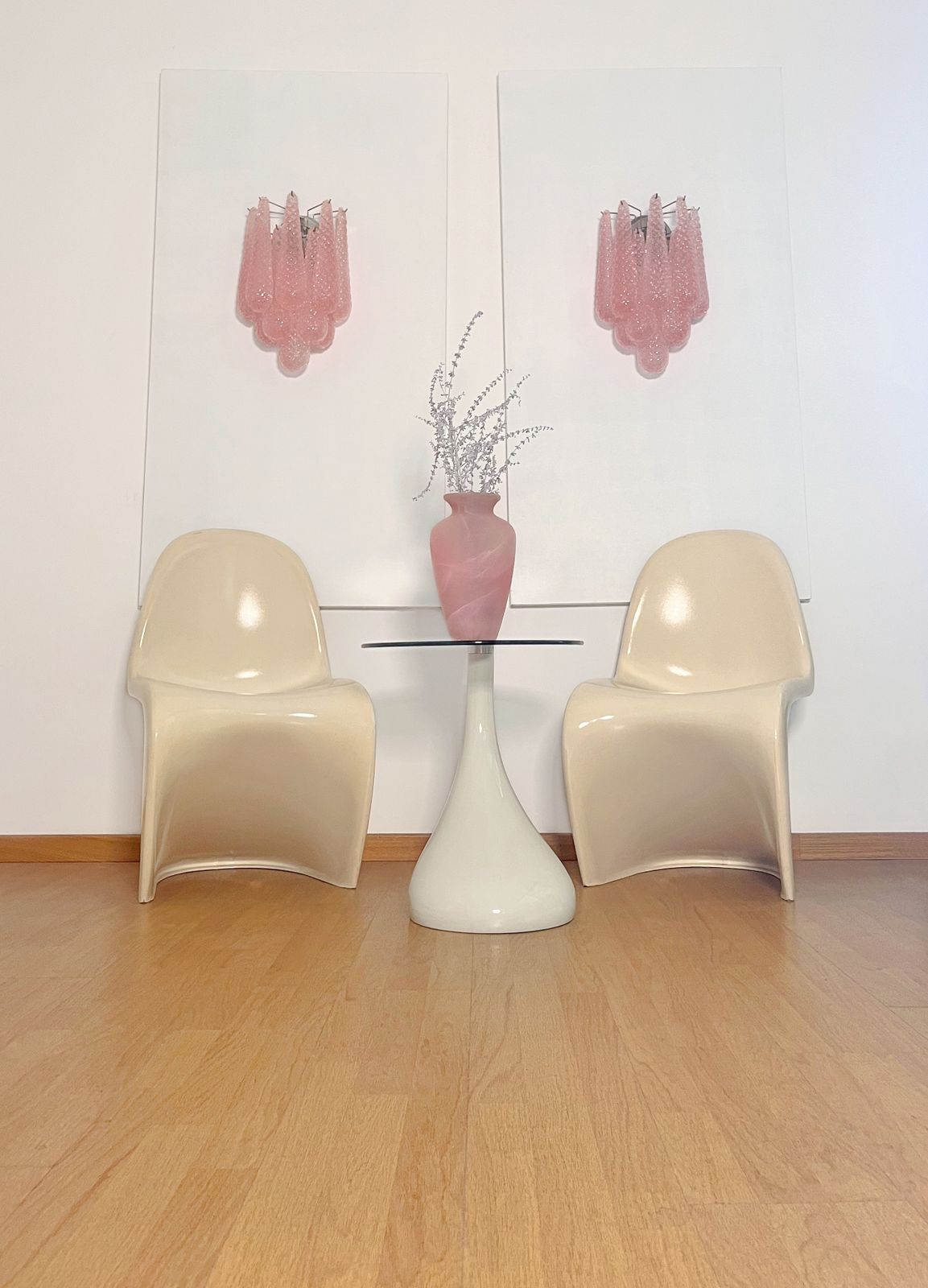 Pair Of Vintage Pink Glass Petals Drop Wall Sconce photo for sale
