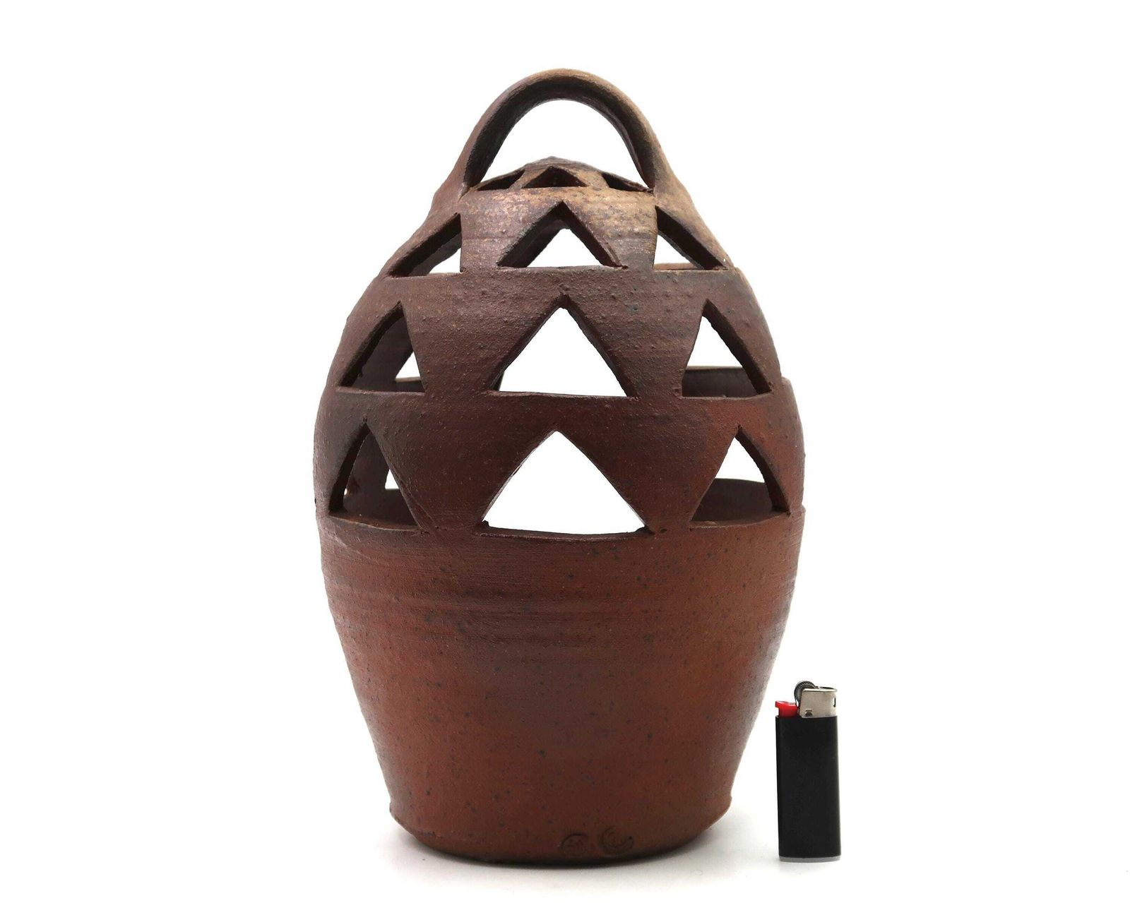 Large French Stoneware Ceramic Lantern Candleholder, 1970s / La Borne, Candle Holder, Home Decor, Triangle, Mid Century Modern, Art photo for sale