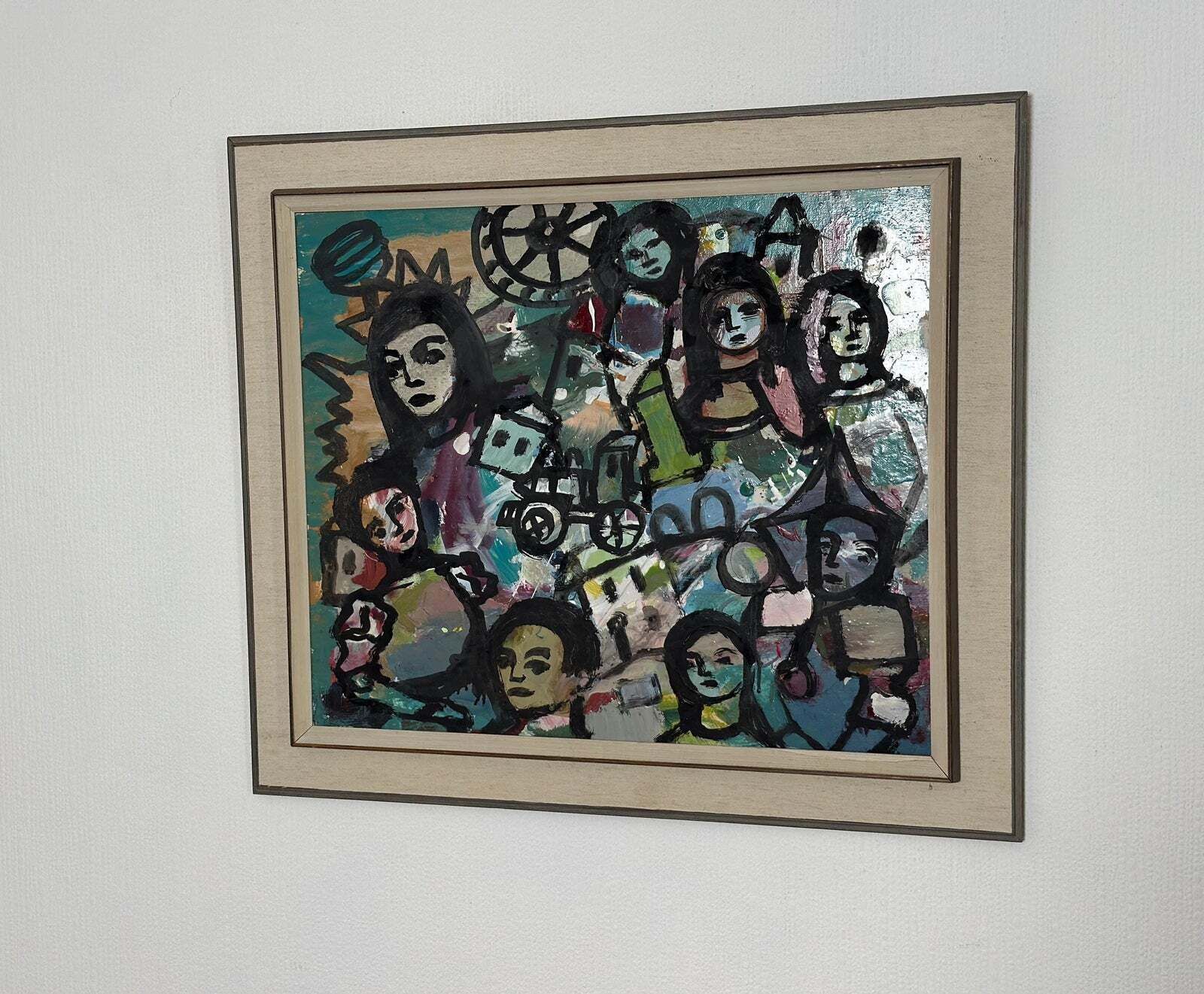 photo vinterior Original Swedish Oil On Panel – “Collective With Youthful Face” By Erik Heinertz – Vintage & Framed – 60 × 69 Cm (23.6" × 27.2")