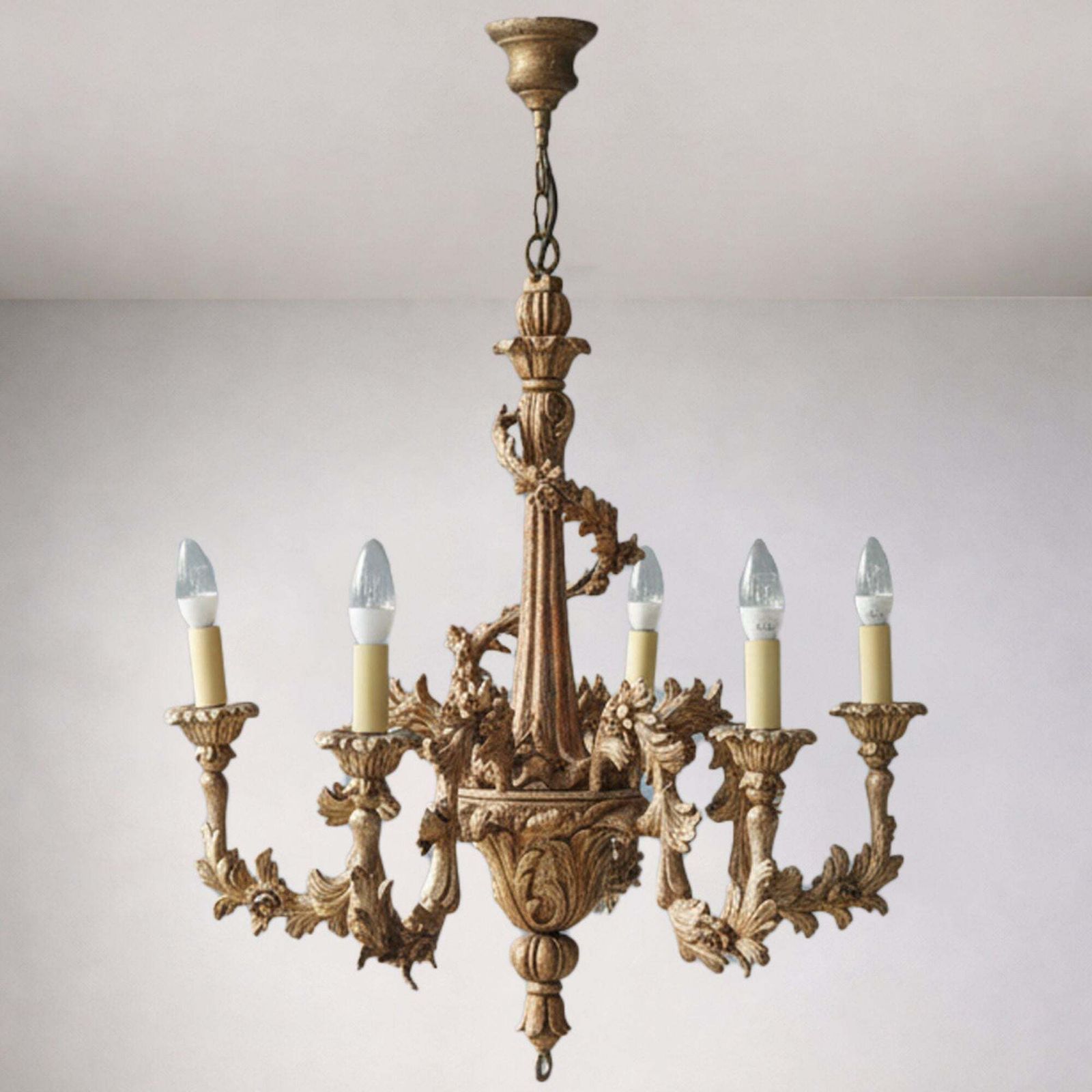 Giltwood Five Arm Chandelier Central Europe, Early 20th Century