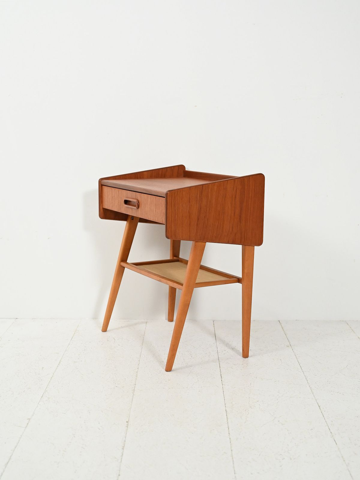 Scandinavian Bedside Table With Fabric Shelf photo Furniture