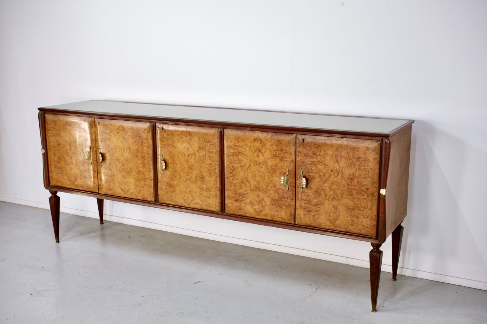 Midcentury Italian Sideboard In Walnut Root And Brass. photo for sale