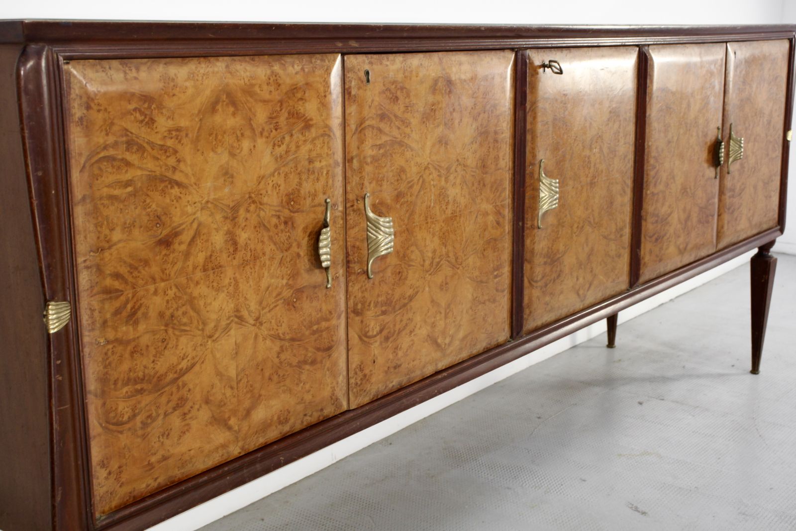 Midcentury Italian Sideboard In Walnut Root And Brass. photo vintage