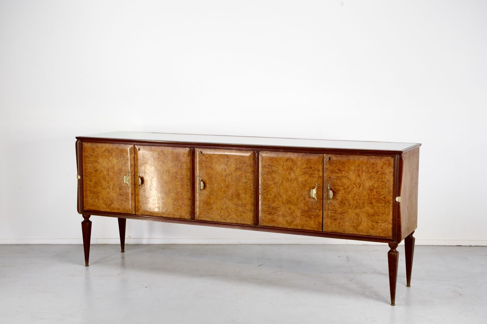 photo for sale Midcentury Italian Sideboard In Walnut Root And Brass.