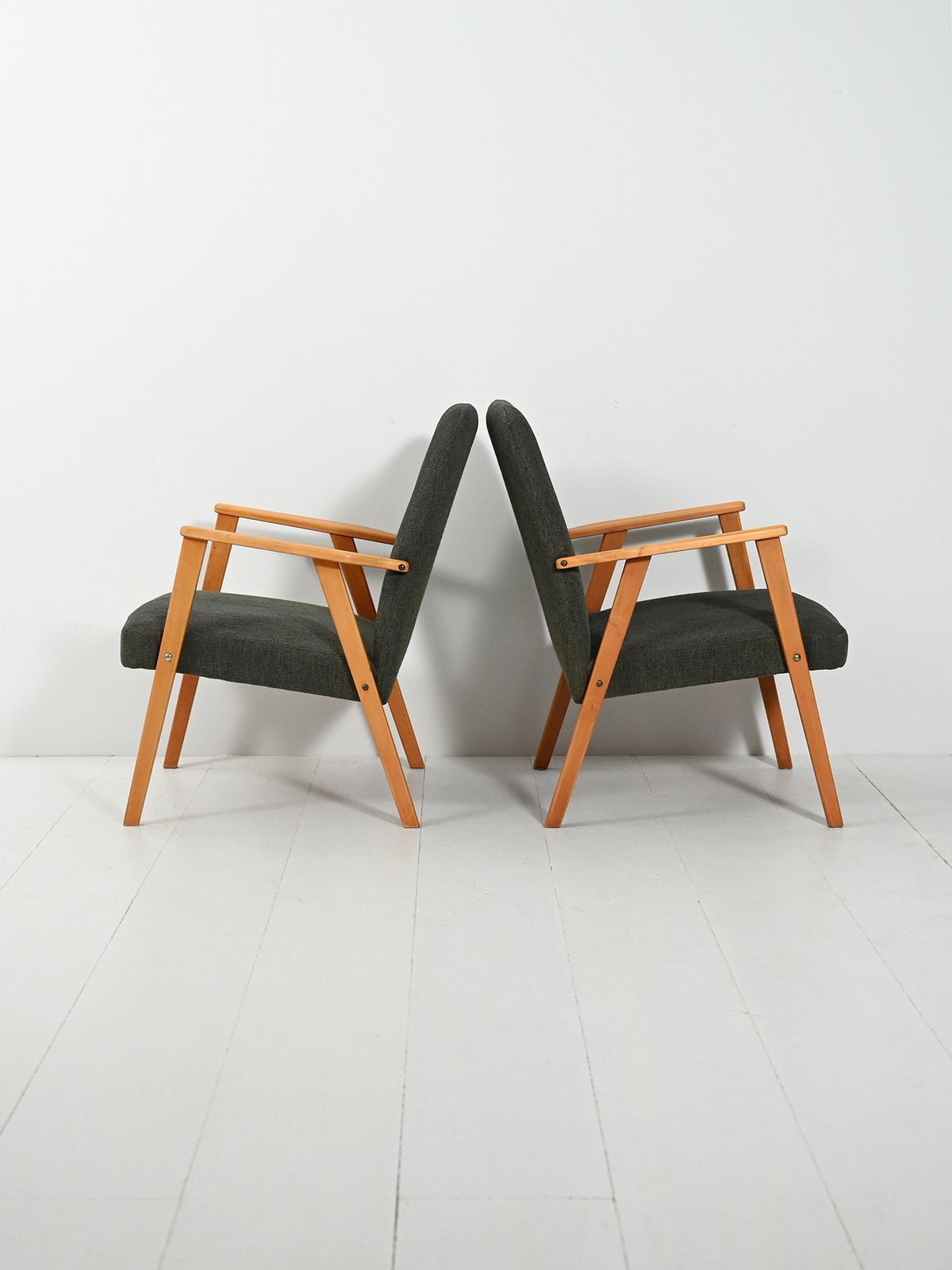 Pair Of Scandinavian Beech Armchairs With Grey Upholstery