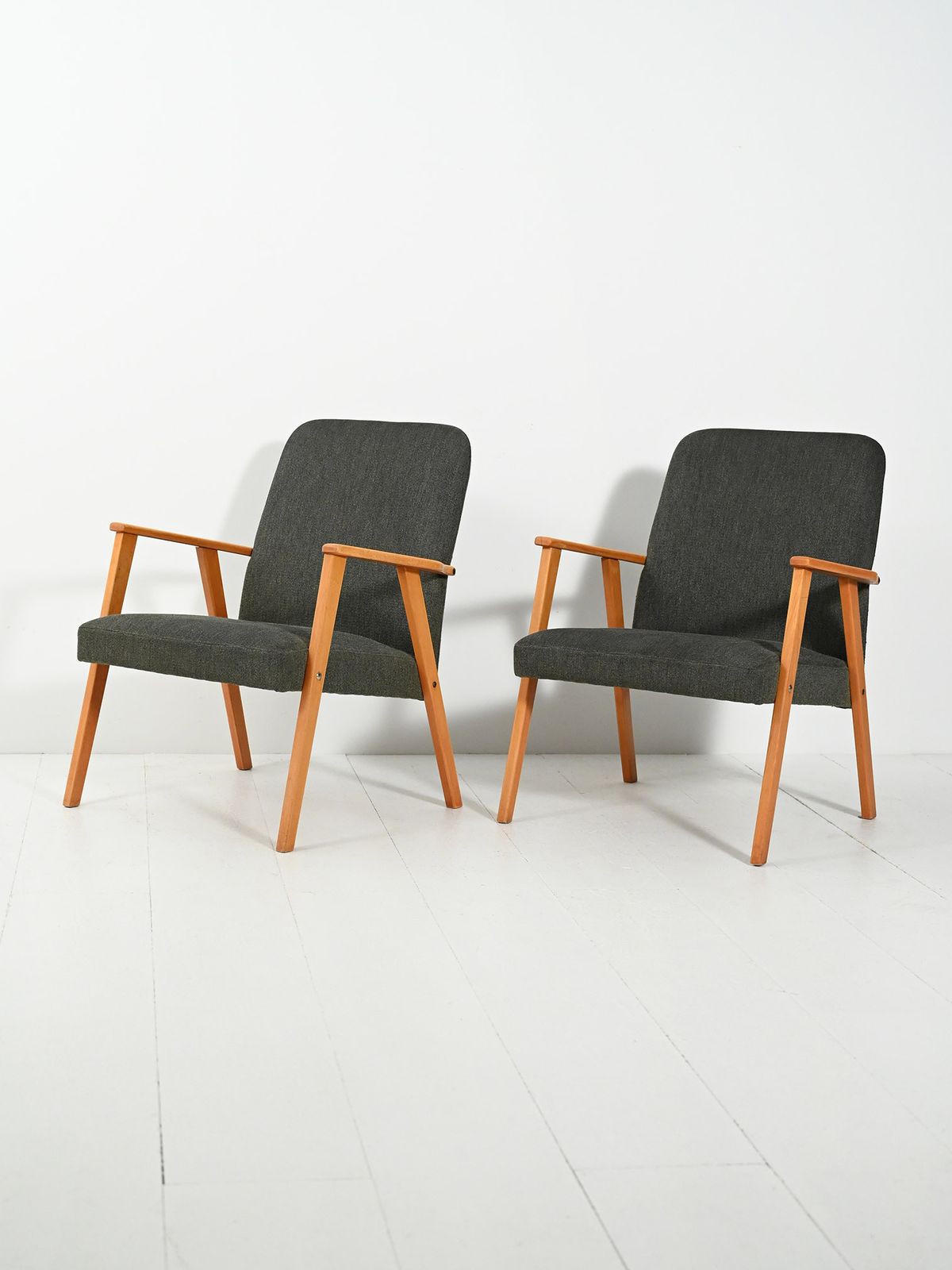 Pair Of Scandinavian Beech Armchairs With Grey Upholstery photo for sale