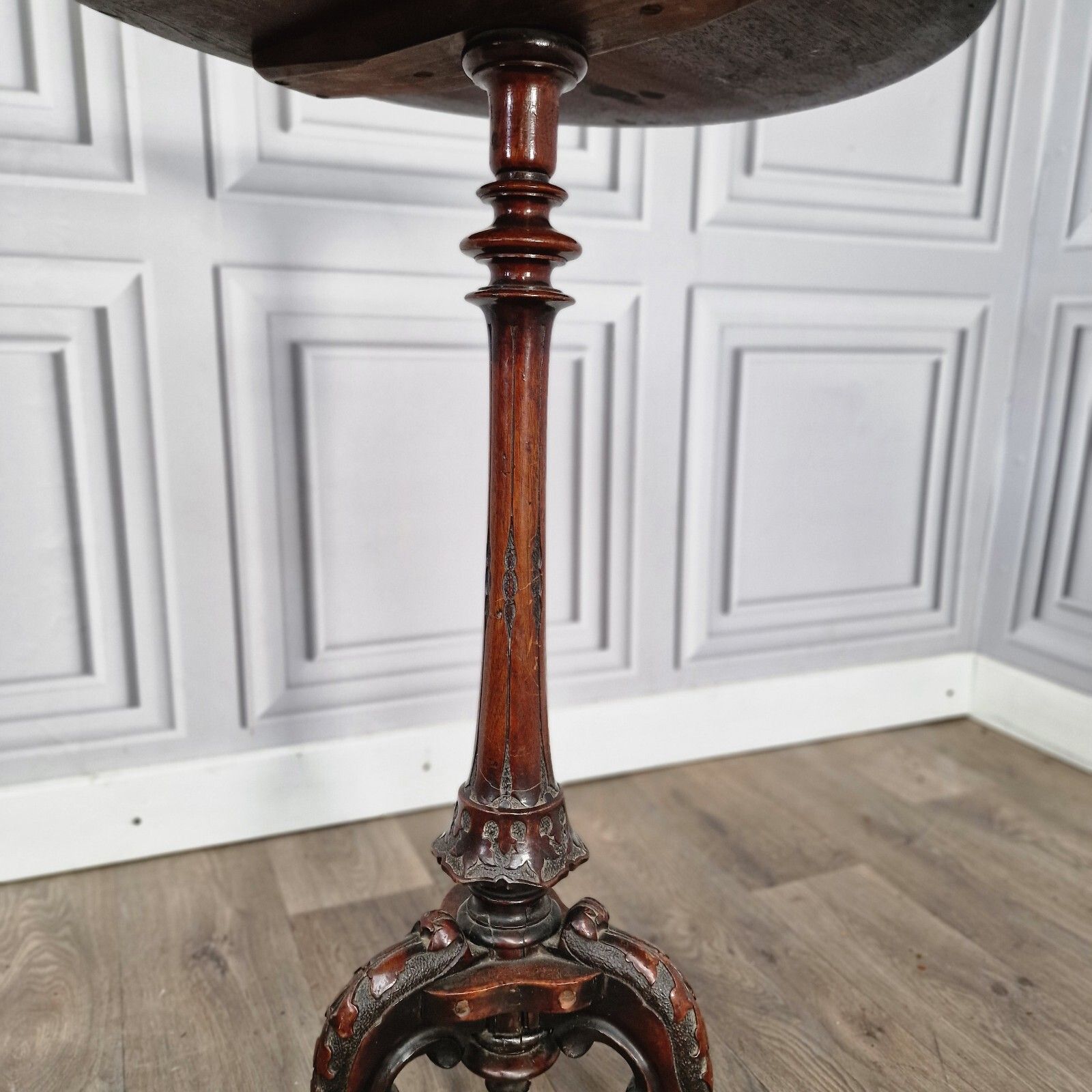 Antique Wooden Wine Table Turned Carved Decorative Inlaid Pedestal Leg photo vinterior