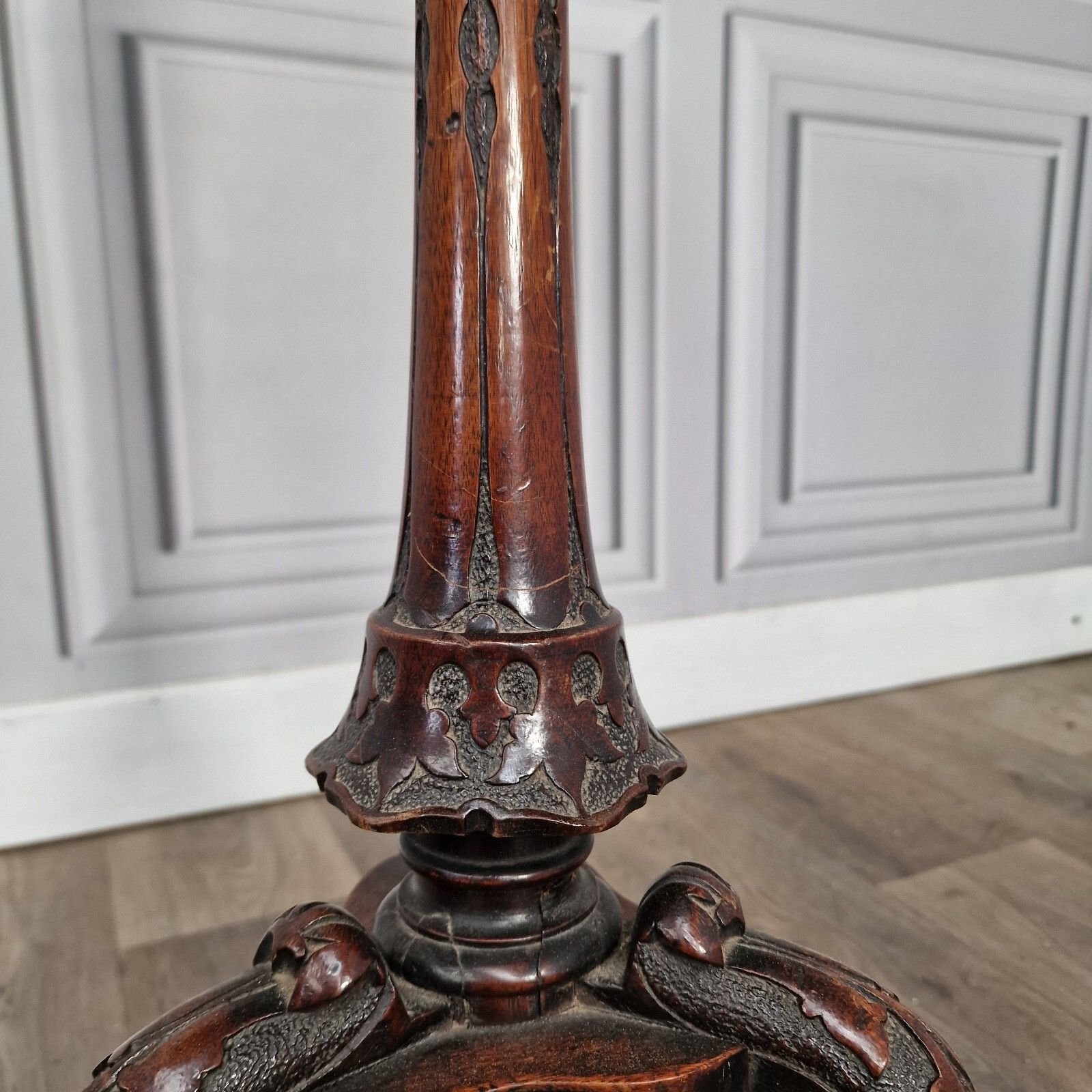 photo for sale Antique Wooden Wine Table Turned Carved Decorative Inlaid Pedestal Leg