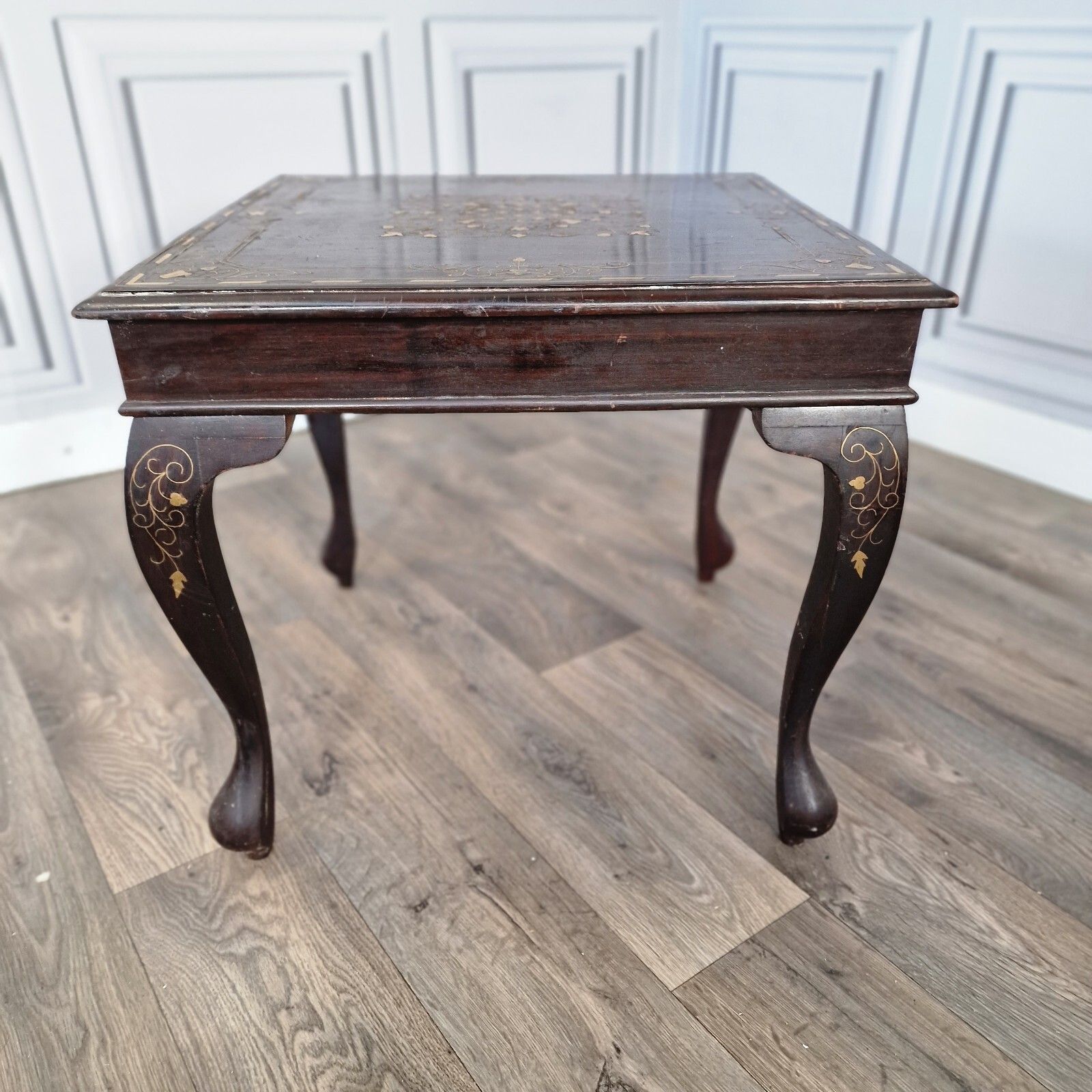 Antique Vintage Coffee Table Brass Inlaid Floral Decorative Queen Anne Wooden photo vinterior