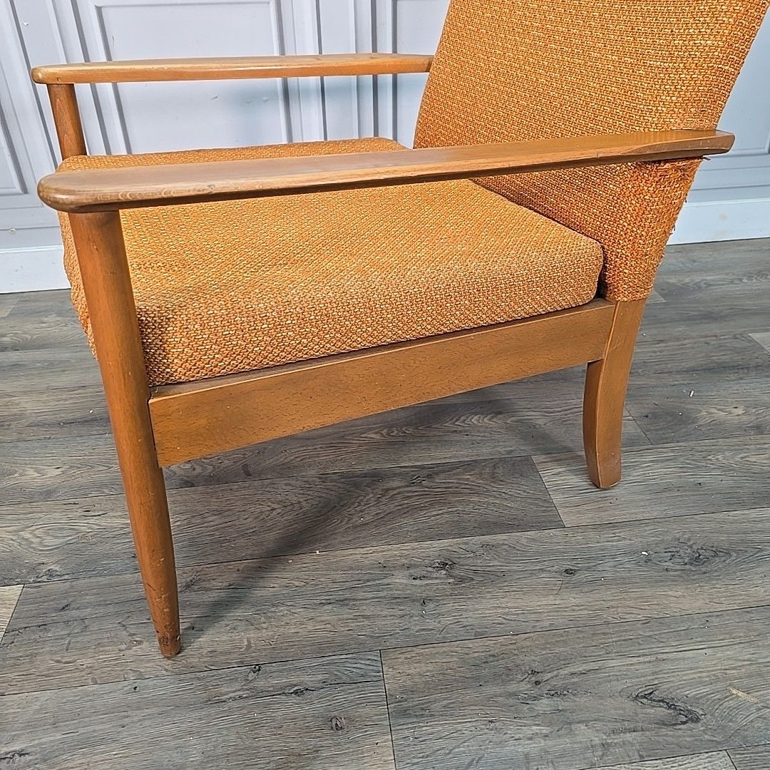 photo buy Vintage Armchair Mid Century Modern Teak Upholstered Fireside Chair Danish