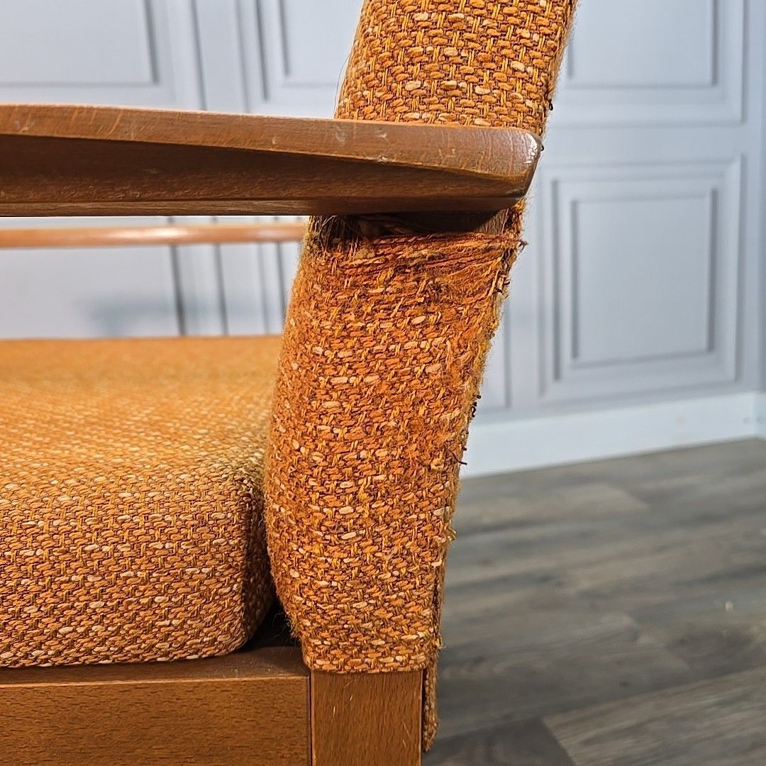 photo vintage Vintage Armchair Mid Century Modern Teak Upholstered Fireside Chair Danish
