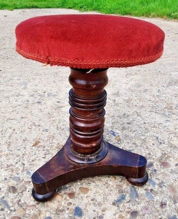 Antique Piano Stool Wood Pedestal Red Upholstery Pub  Turned Wooden