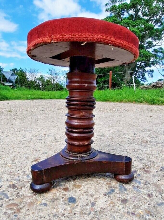 Antique Piano Stool Wood Pedestal Red Upholstery Pub  Turned Wooden photo furniture