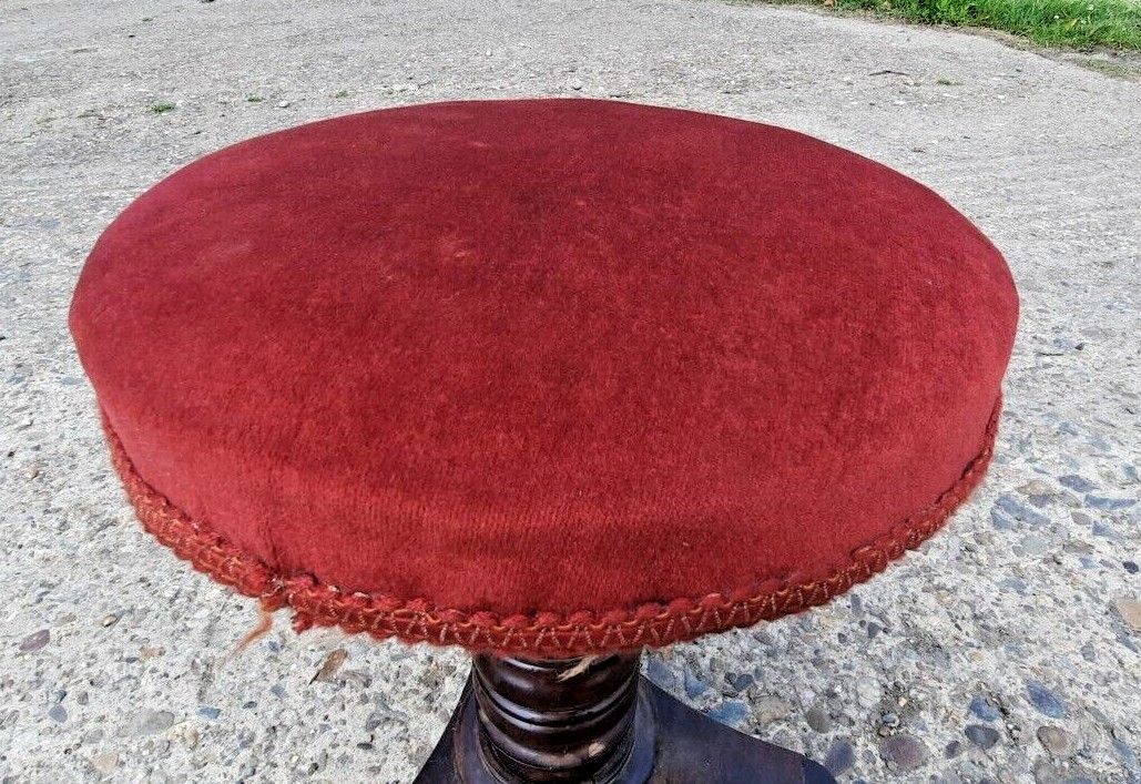 Antique Piano Stool Wood Pedestal Red Upholstery Pub  Turned Wooden photo for sale
