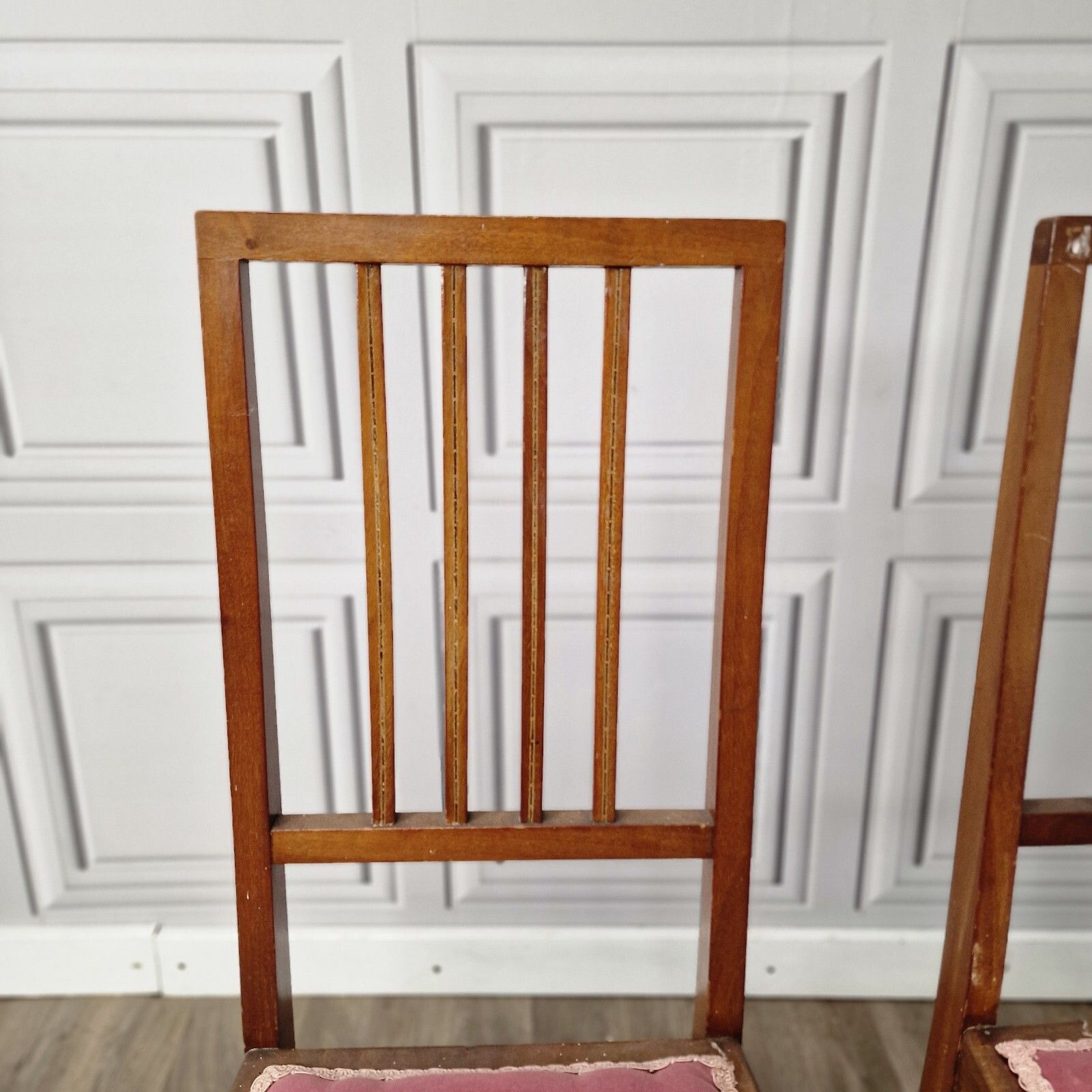Pair X2 Antique Chairs Edwardian Wooden Slat Back  Upholstered Bedroom photo 80.0
