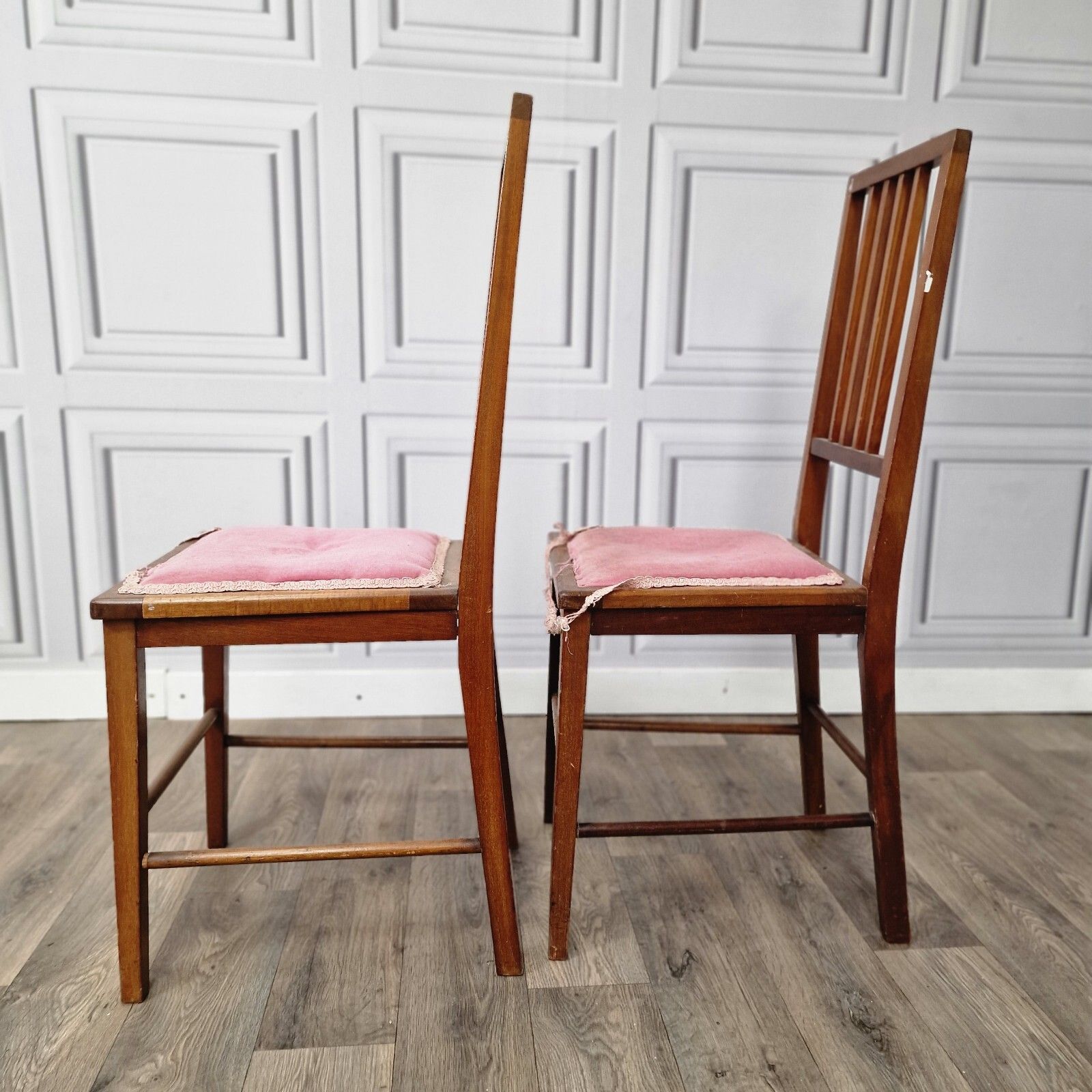 photo furniture Pair X2 Antique Chairs Edwardian Wooden Slat Back  Upholstered Bedroom