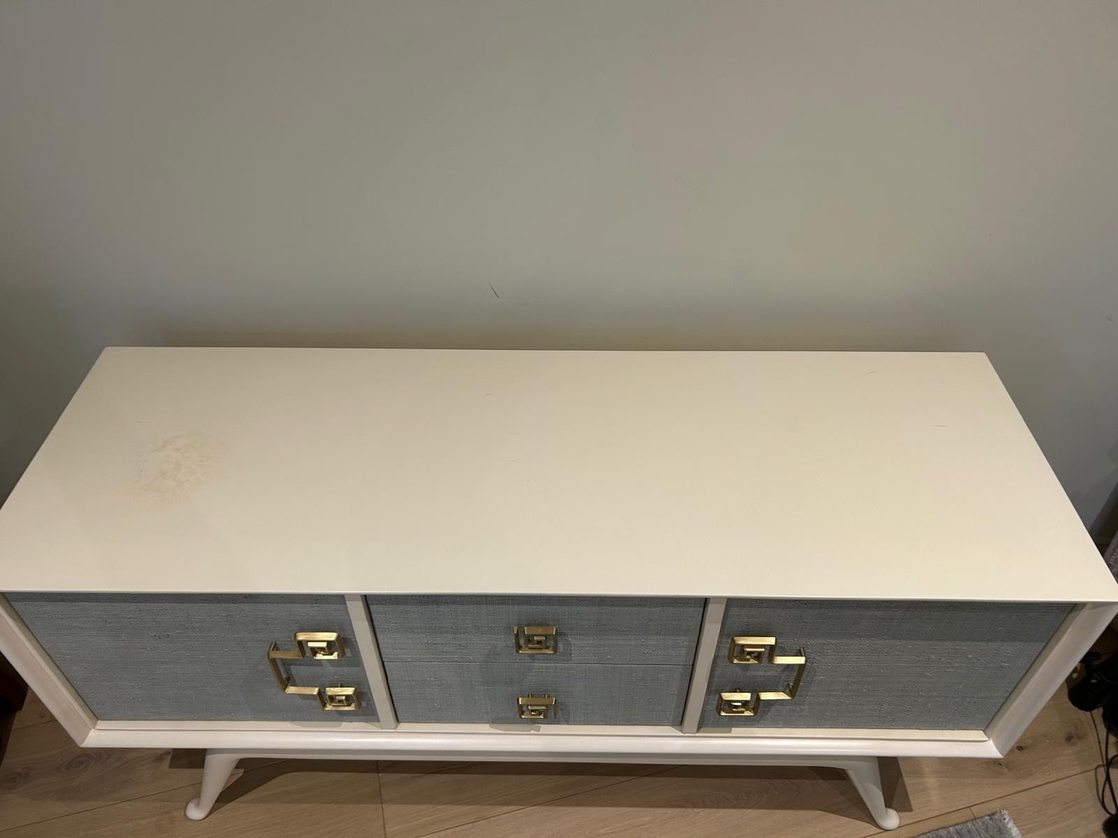 Jonathan Adler Siam Credenza Sideboard   Ivory Lacquered Mahogany With Ice Blue Natural Raffia Doors And Brass Features photo buy