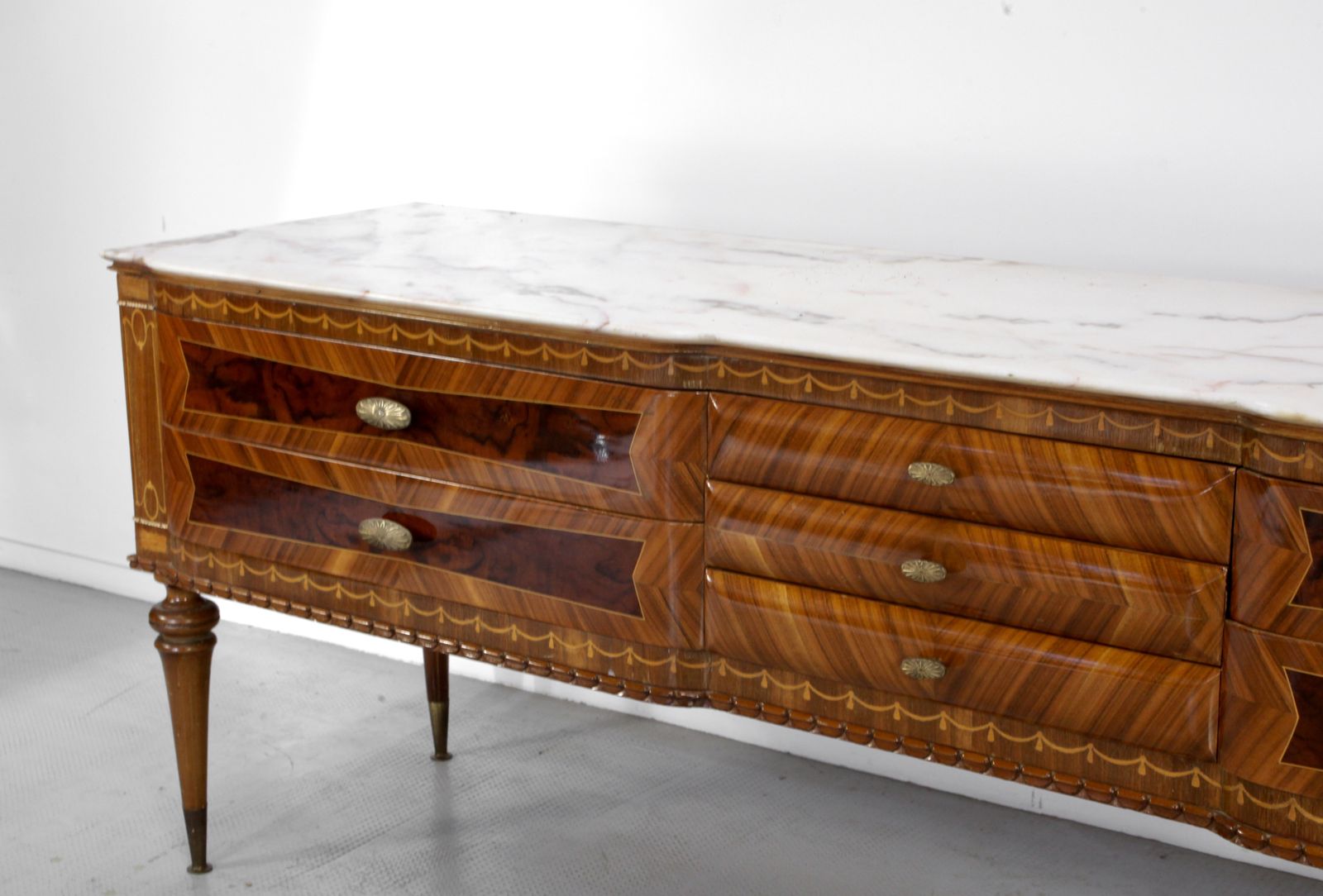 Italian Midcentury Sideboard In Walnut, Carrara Marble And Brass Manufactured In Cantu. photo 2999.0