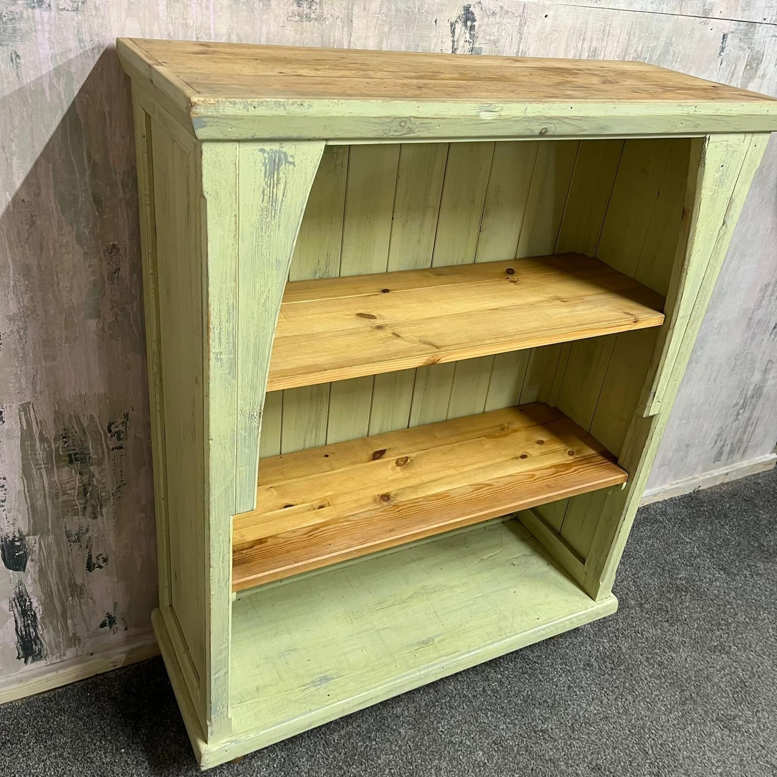 Rustic Pine Bookcase 2 Shelves Painted Green Distressed Shabby Chic Ball Feet photo furniture