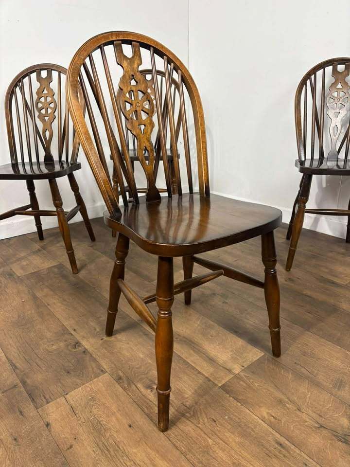 Vintage Set Of Four Dark Oak Wheel Back Chairs