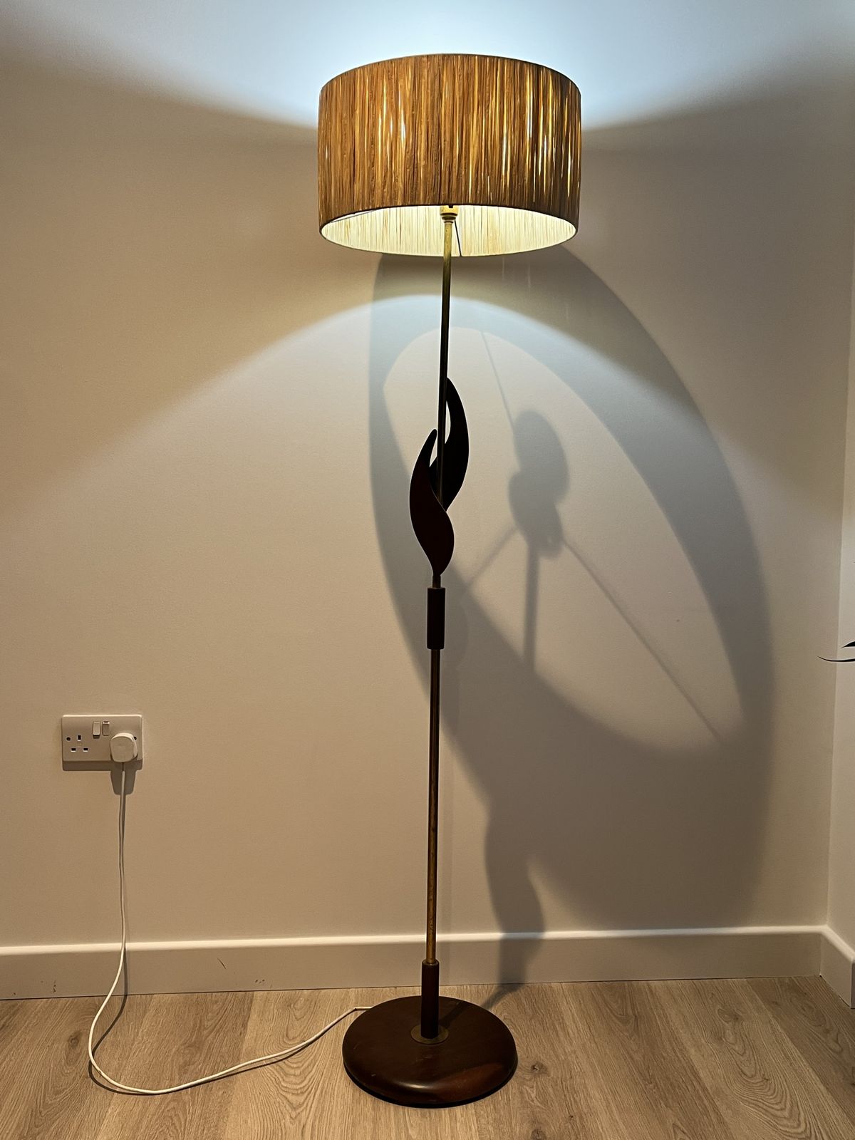 Mid Century Teak Brass Standard Floor Lamp With Shade photo furniture