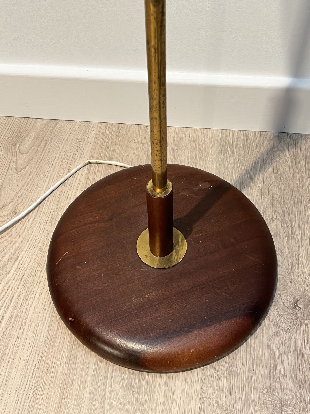 Mid Century Teak Brass Standard Floor Lamp With Shade photo for sale