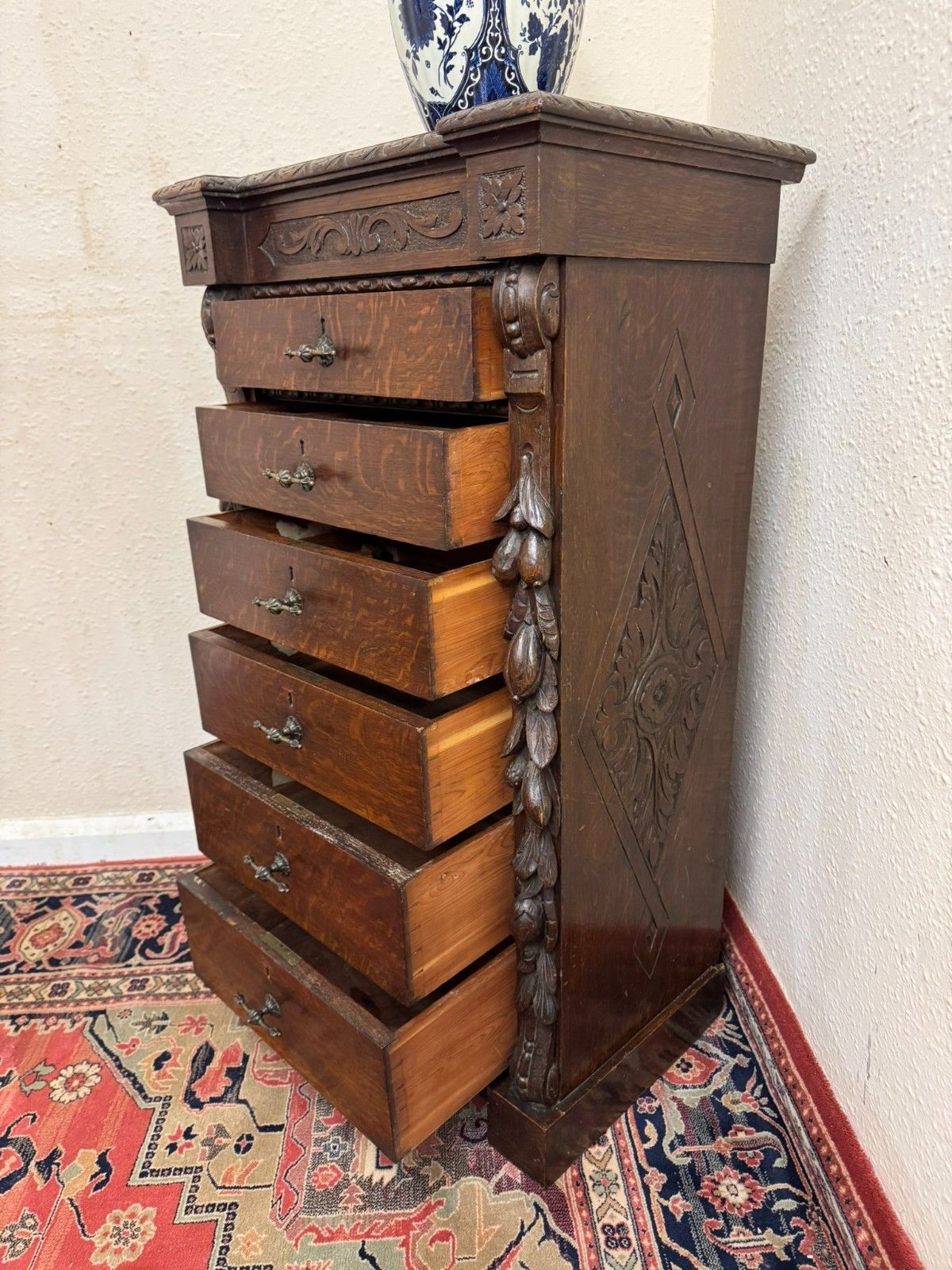 1195.0 Rare 19th Century Carved Oak Wellington Chest Of Drawers Circa 1880 photo