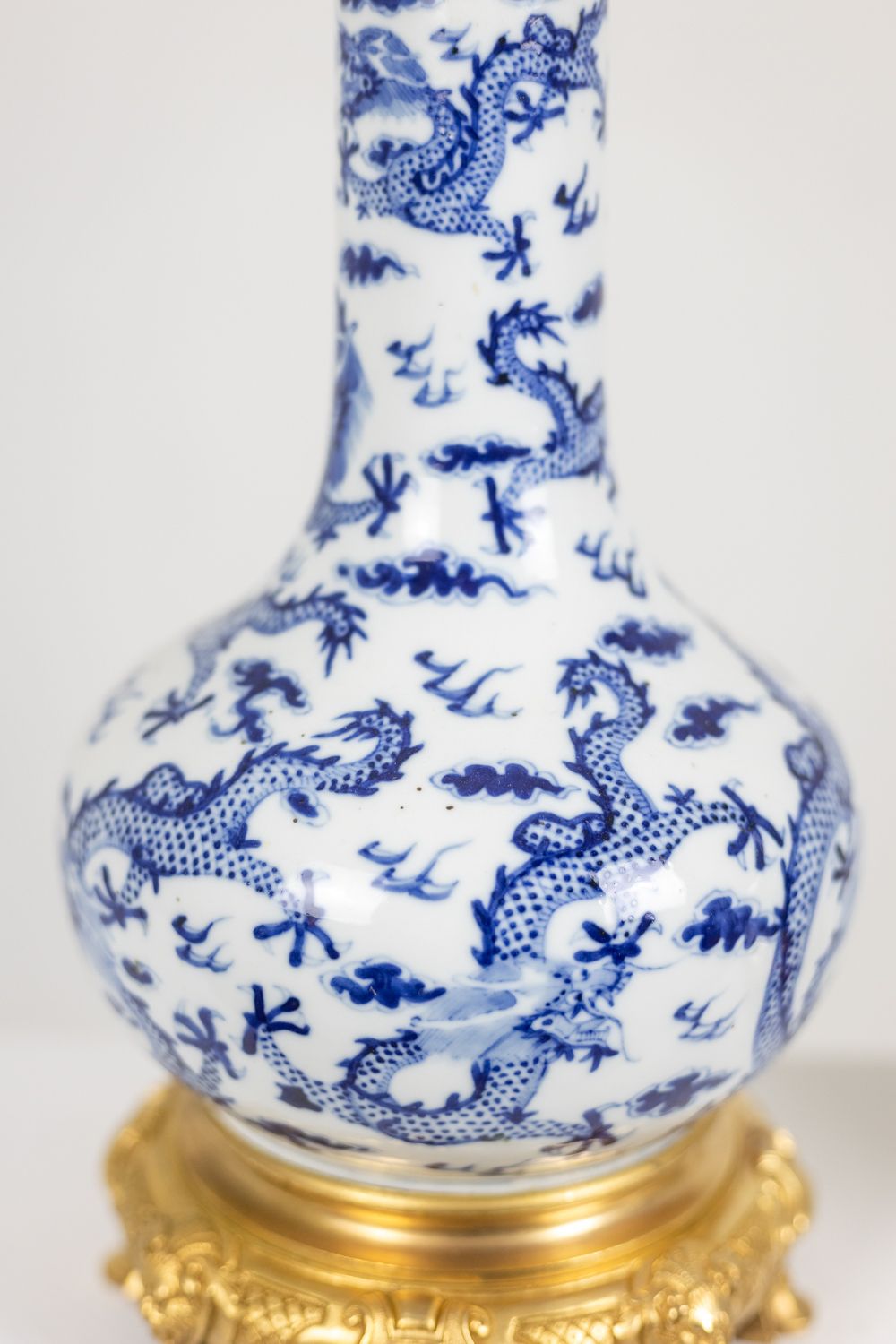 Pair Of Porcelain Lamps Decorated With Dragons, Gilt Bronze. Circa 1880 photo for sale