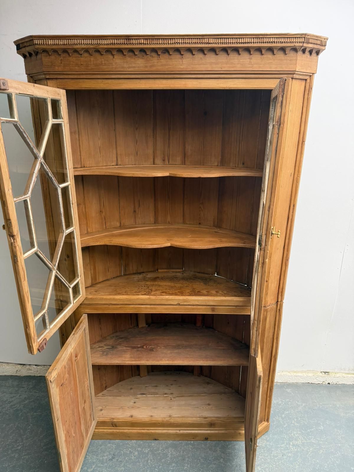 photo furniture A Rare Early Georgian Pine Astral Glazed Barrel Back 2 Piece Cabinet